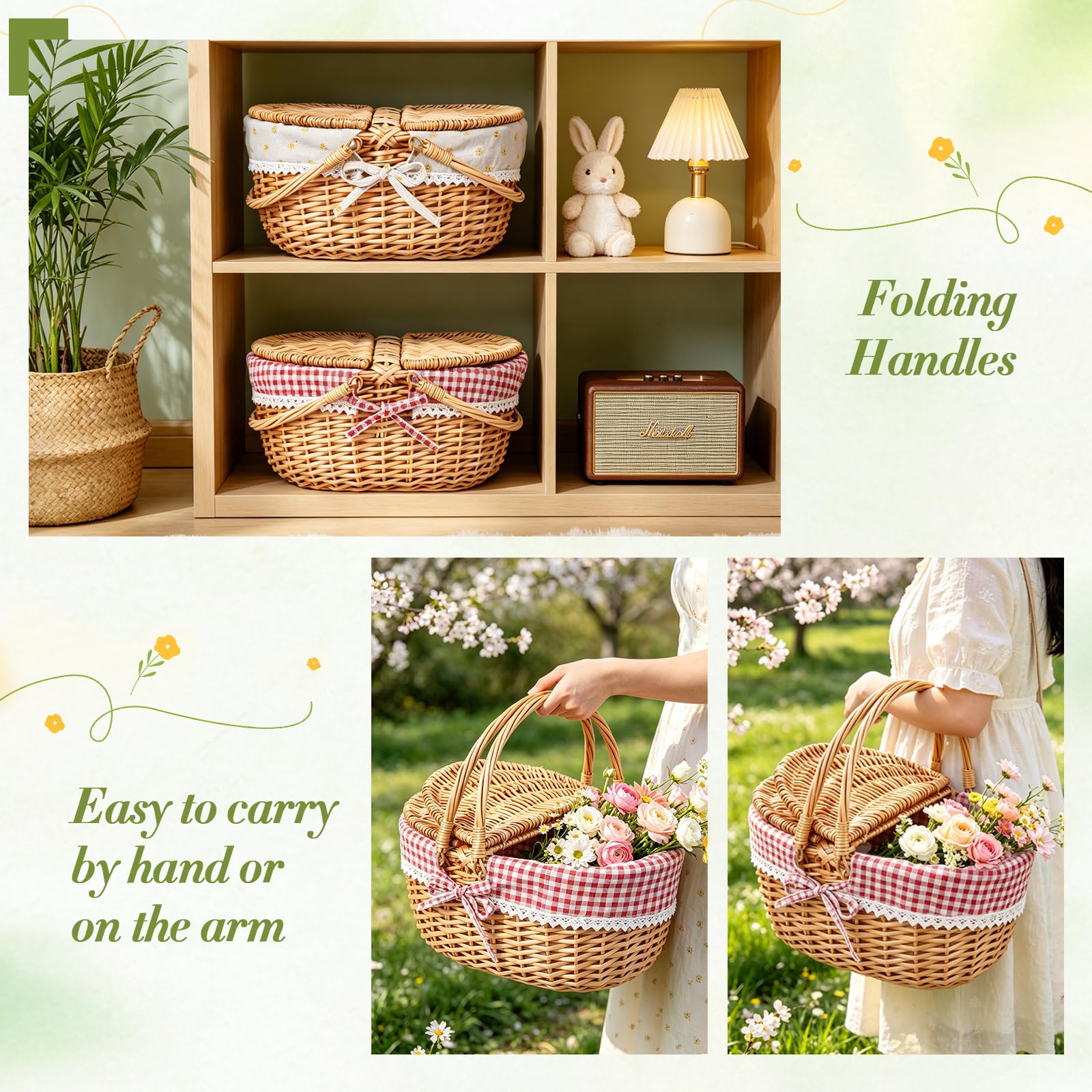Picknickkorb,Picknickkorb 2 Personen mit Doppelt zu öffnendem Deckel und Klappbarem Griff,Picknick Korb Klein mit Herausnehmbarem Baumwollfutter für Picknicks, Camping(Gelb/40x34x19CM)