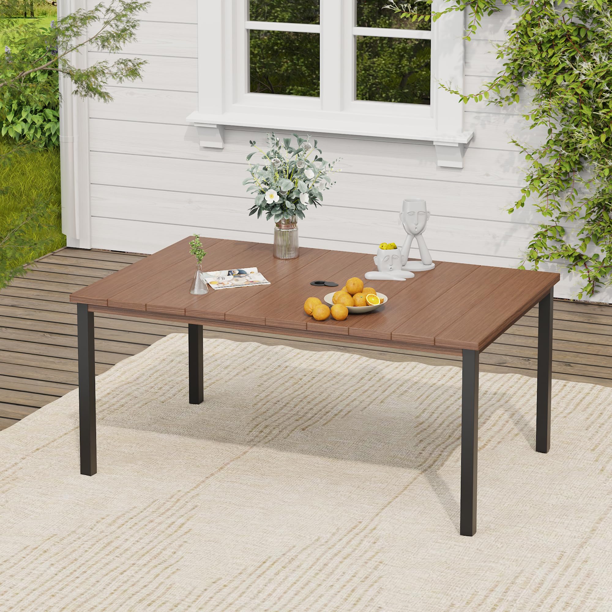 VICLLAX Outdoor Table for 6, Metal Patio Dining Table with Umbrella Hole for Garden Lawn Deck Backyard, Walnut Tabletop