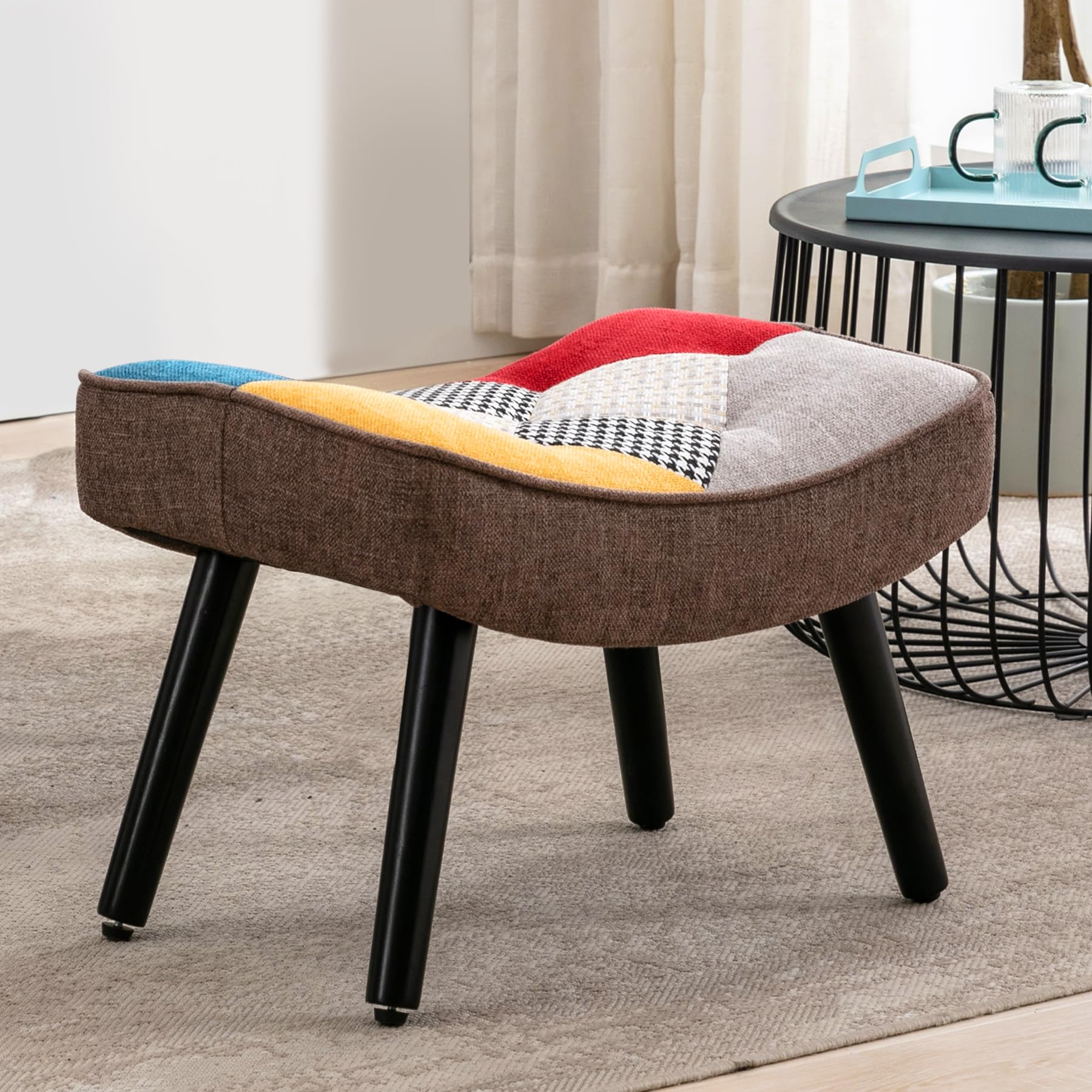 Fußhocker Holzbeine Leinen-Patchwork, bunt, für Wohnzimmer Schlafzimmer, 51 * 38 * 37 cm