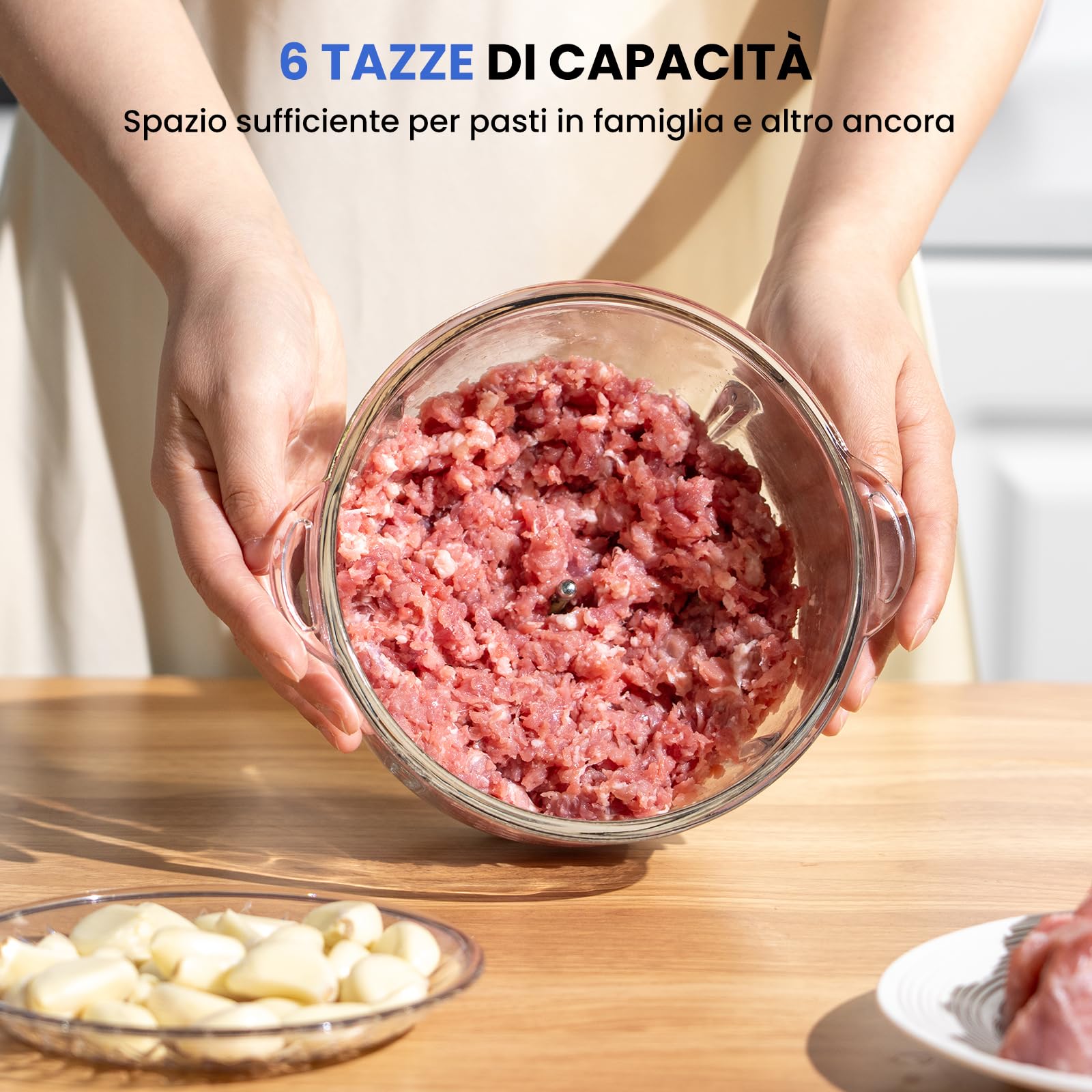 LINKChef Tritatutto Elettrico 1,5L Vetro, 2 Velocità, Lame in Acciaio Inox a 3 Livelli – Mini Robot da Cucina per Carne, Verdure, Frutta, Noci e Alimenti per Bambini