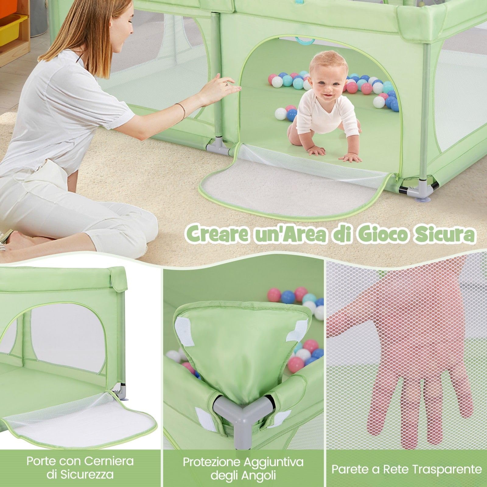 COSTWAY Recinto per Bambini, Box Pieghevole con Rete Traspirante, Centro Attività per Neonati con 50 Palline, Box Giochi per Bambini 0-3 Anni (Verde, 189 x 158 cm)