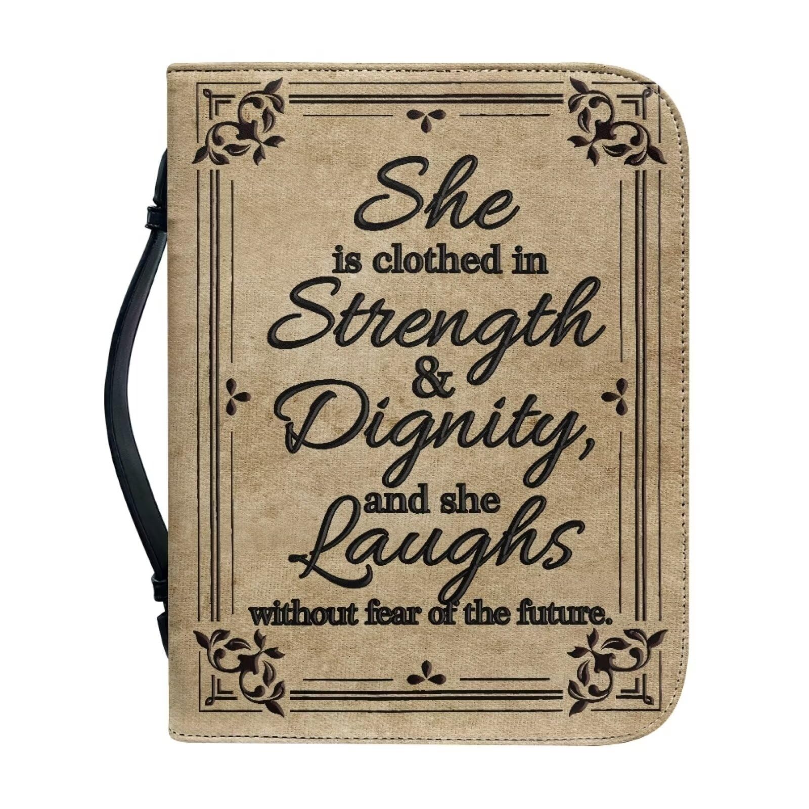 Talayituse Cross Floral Print Faux Leather Bible Cover for Men Women She is Clothed in Strength & Dignity Christian Bible Case with Handle Carrying Book Case Protector Bible Tote Handbag, L — image 1