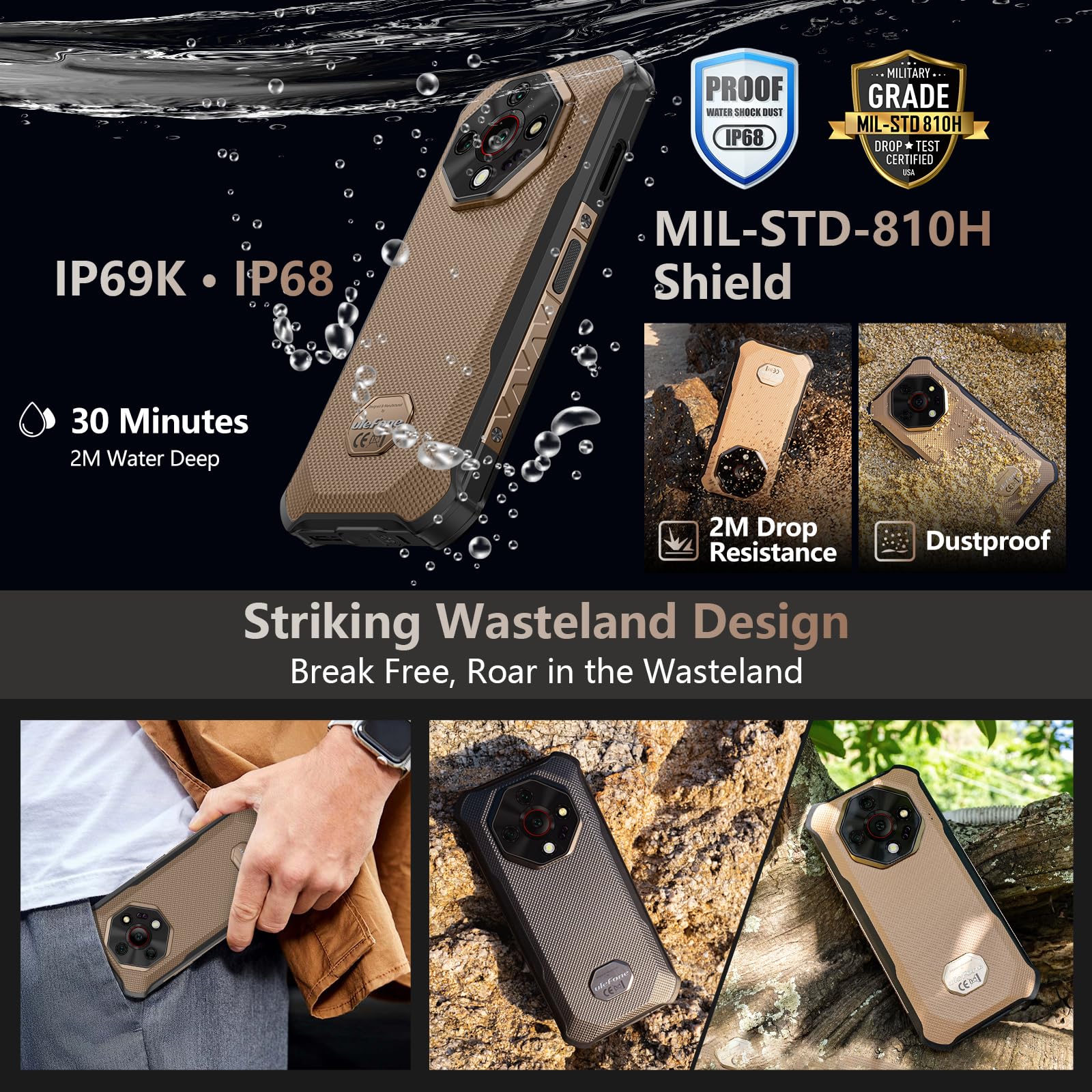 Ulefone Armor X16 Pro 5G AI Rugged Smartphone Android 16, Telefono Indistruttibile 10360mAh/33W, 64MP+25MP Visione Notturna Telefono Rugged 16GB+256GB/2TB, 6.56" FHD+120Hz, Dimensity 6300/IP68/NFC/OTG