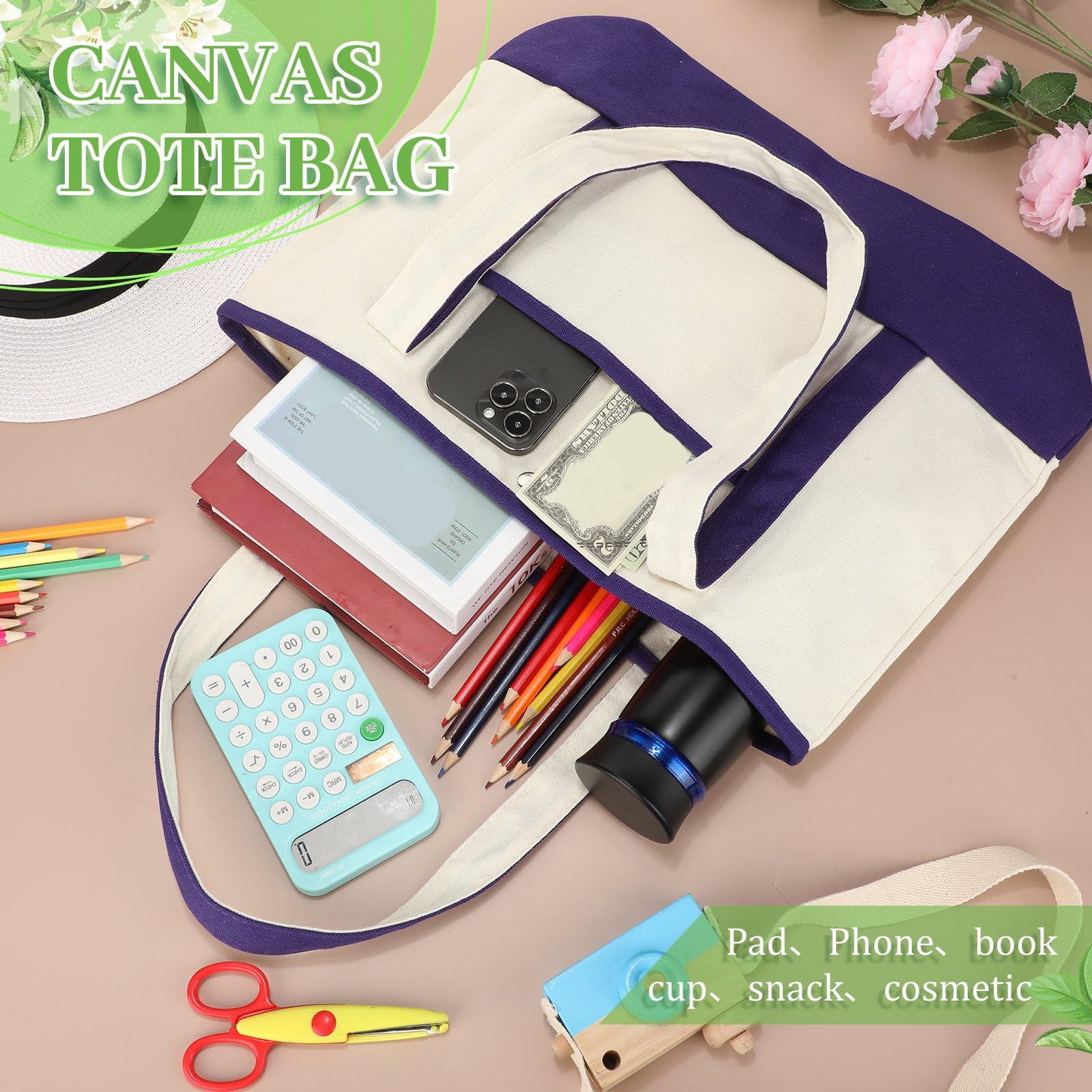 Sanwuta Confezione da 12 borse in tela con manici, 43,8 x 35,8 x 11,9 cm, resistenti, riutilizzabili, tinta unita, sacchetti di stoffa vuoti, per shopping, spiaggia, viaggi, lavoro, scuola