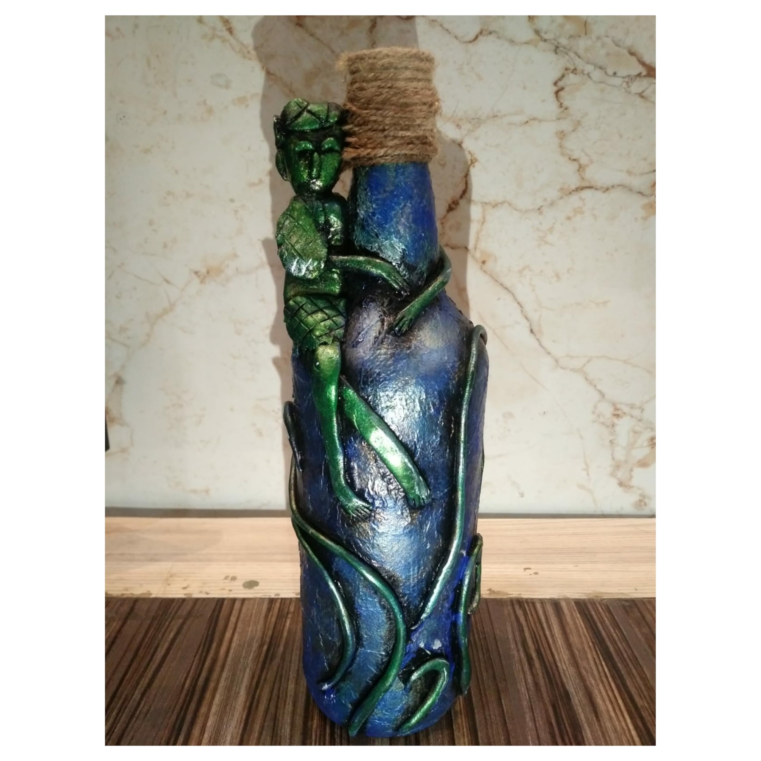 Antique Bottle for Decoration | Blue-Green-Golden-Black | Tribal man sitting on the Bottle | Interior Item | With jute Finishing-image-18