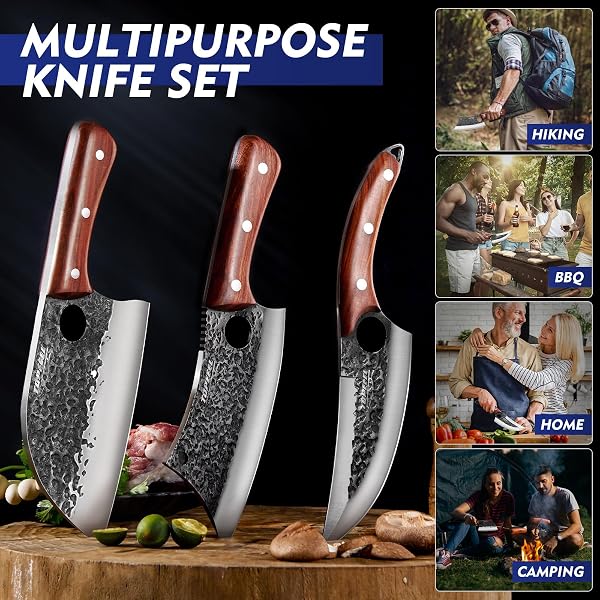 Topfeel 3PCS Butcher Knife Set, Hand Forged Serbian Chef Knives & Meat Cleaver & Viking Knives, Meat Cutting Kitchen Knife Set for Home, Outdoor Cooking, Camping BBQ Gift Idea Men - 3