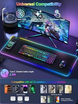 Mouse Pad with 15W Wireless Charging, RGB Gaming Desk Mat, 31.5x11.8 | Large XXL LED Mousepad for Laptop Keyboard, 16 Lighting Modes, Ultra-Smooth Surface, Non-Slip Rubber Base, Waterproof, Black