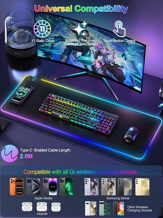 Mouse Pad with 15W Wireless Charging, RGB Gaming Desk Mat, 31.5x11.8 | Large XXL LED Mousepad for Laptop Keyboard, 16 Lighting Modes, Ultra-Smooth Surface, Non-Slip Rubber Base, Waterproof, Black