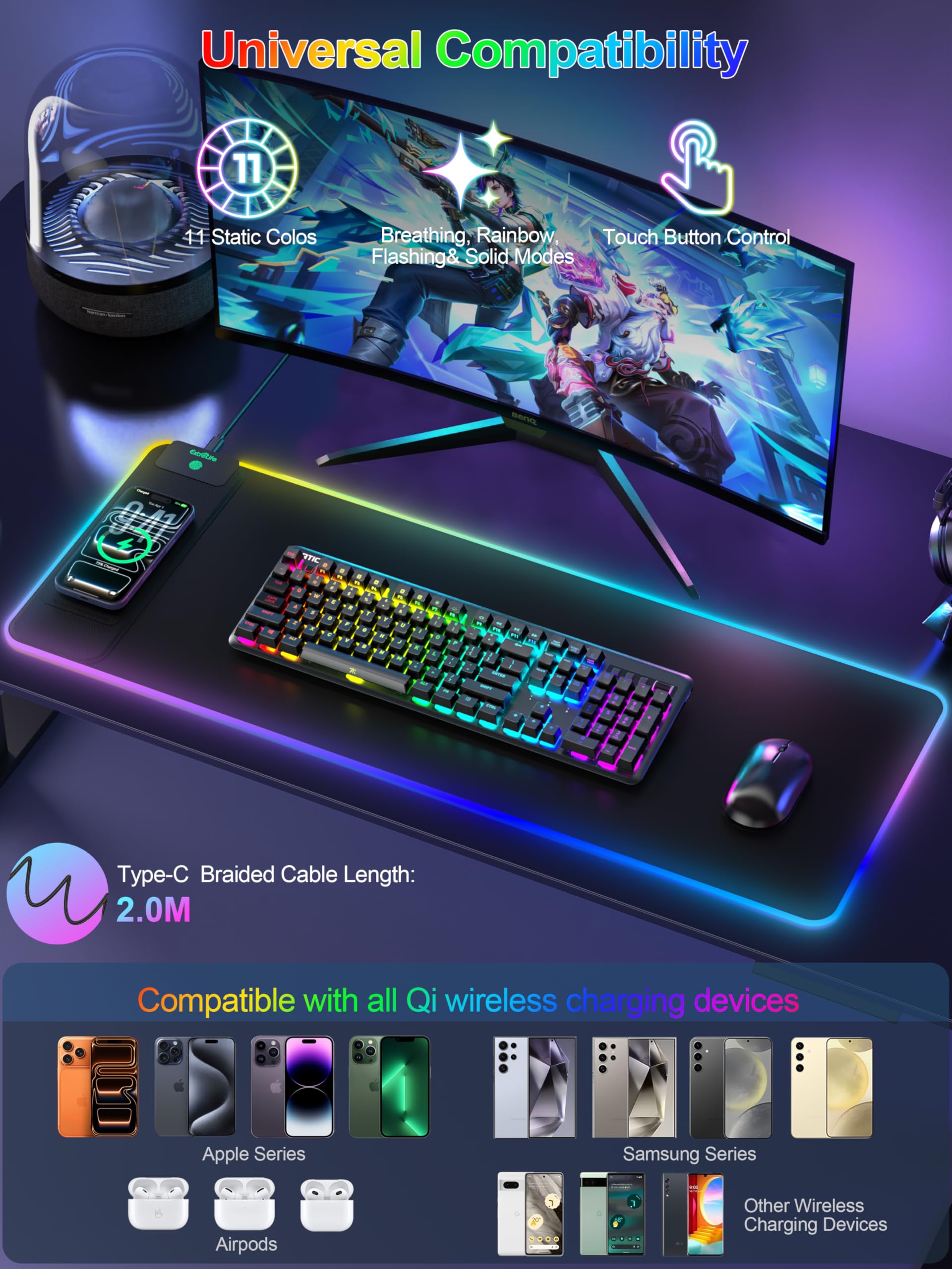 Tappetino per mouse con ricarica wireless da 15 W, tappetino per mouse da gioco RGB, tappetino da scrivania XXL da 80 x 30 cm, 16 modalità di illuminazione, tappetino per tastiera con base in gomma