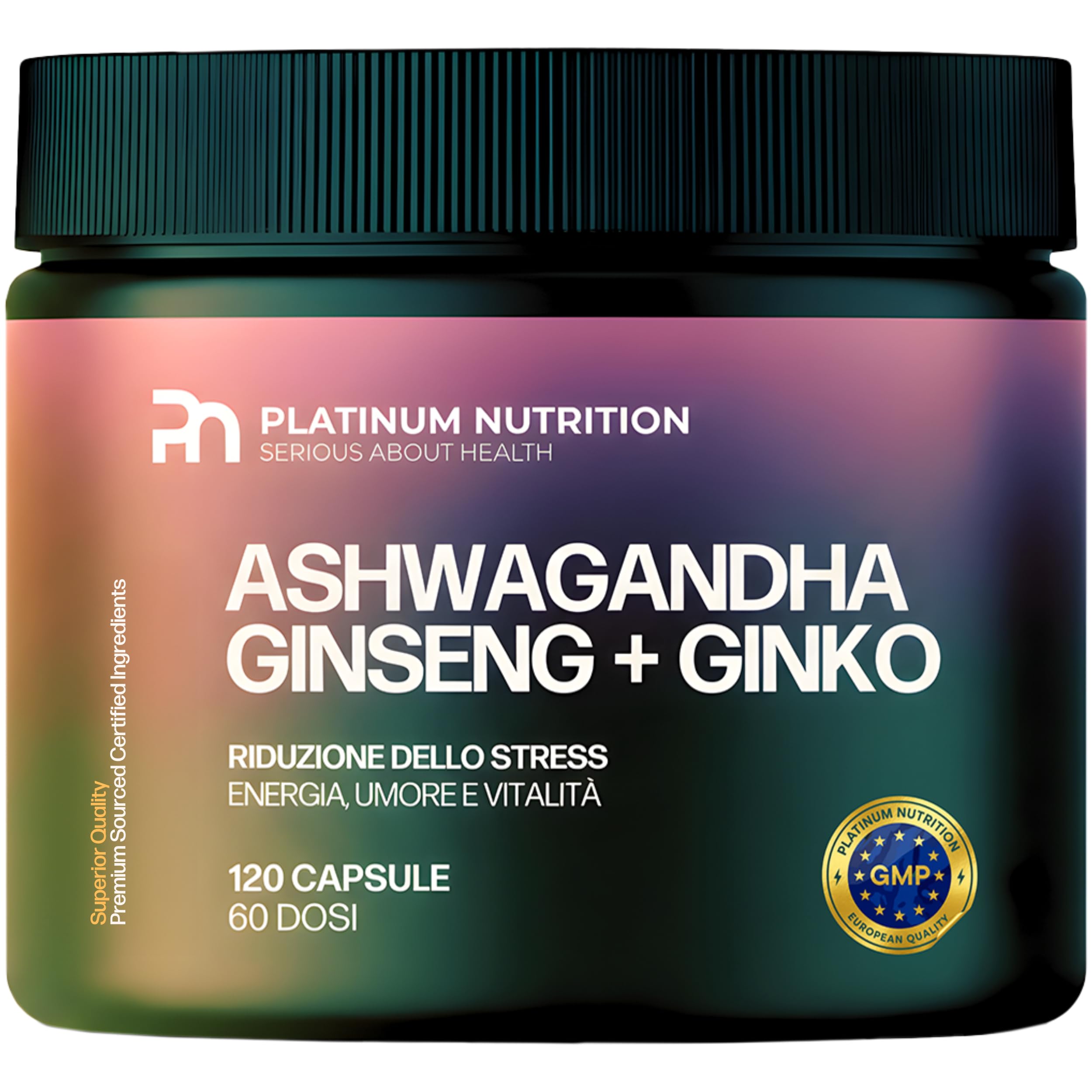 Platinum Nutrition Ashwagandha KSM-66 con Ginseng & Ginkgo Biloba, 120 Capsule (2 Mesi) | Integratore Naturale Adattogeno per Energia Mentale, Memoria, Ansia e Stress | Complesso con Ashwagandha Pura