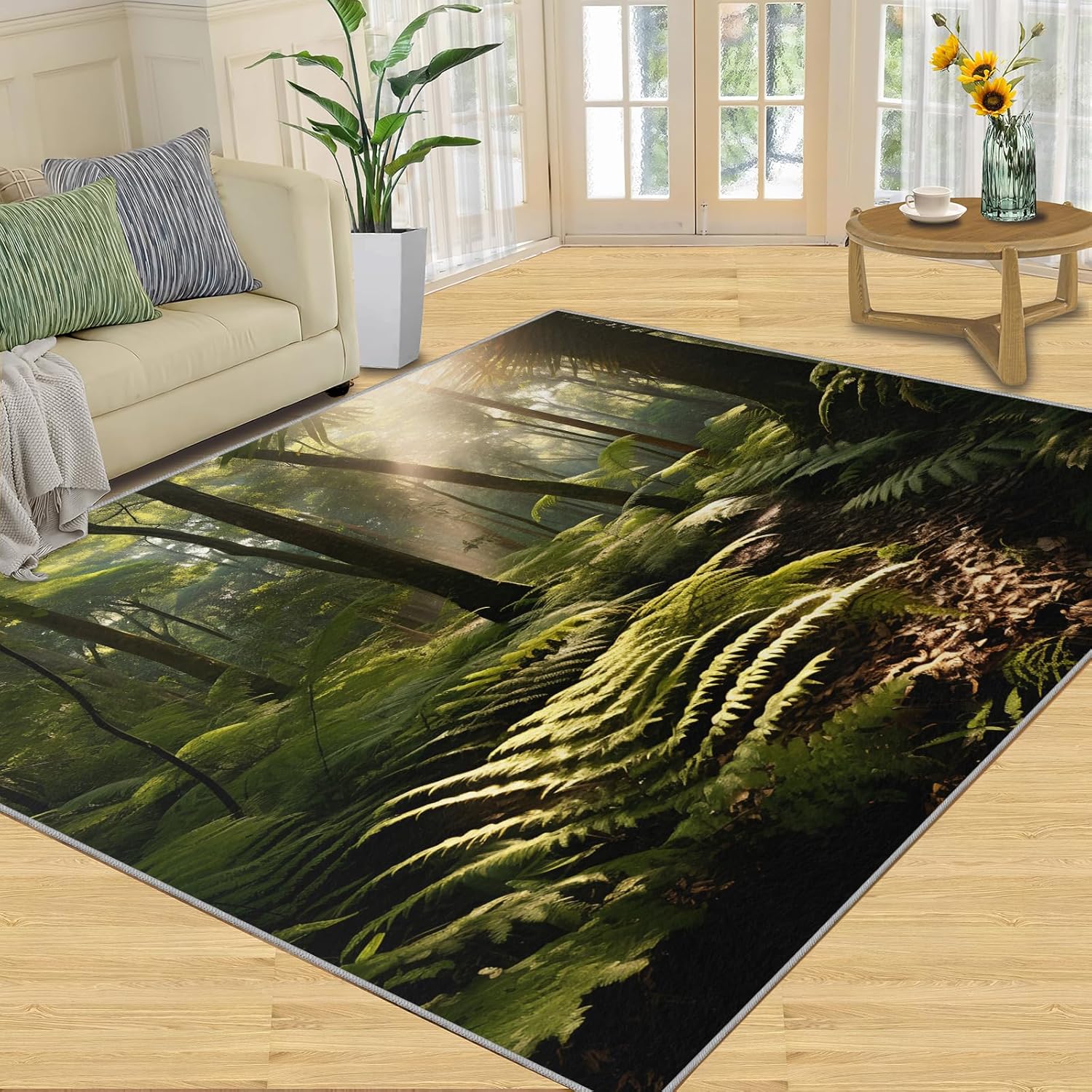 Nature Forest Landscape Area Rug 2x3ft Primaeval Green Forest Living Room Rugs, Indoor Non-Slip Kids Rugs, Machine Washable Breathable Durable Carpet for Front Entrance Floor Decor