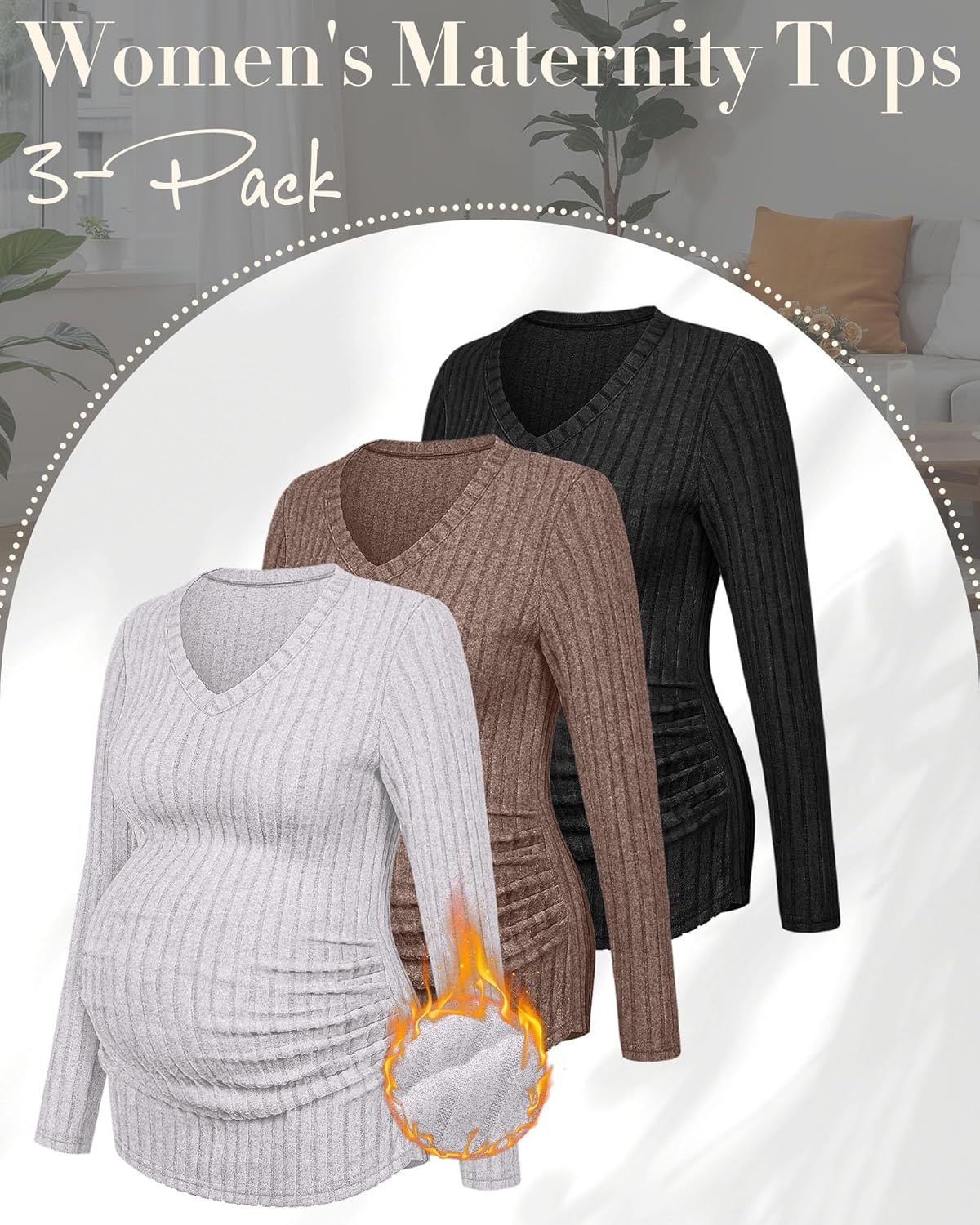 Ficerd 3 Pack Women's Maternity Shirts Ribbed Long Sleeve Pregnancy Tops V Neck Knit Side Ruched Pregnant Clothes Sweater - Image 4