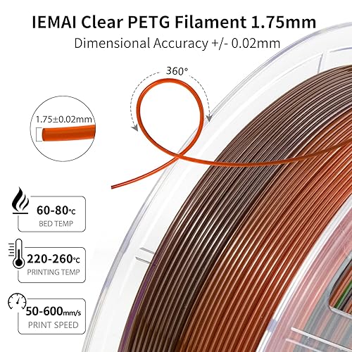 Miniatura 3 de IEMAI Filamento PETG de 0.069 in, filamento de impresora 3D de alta velocidad arcoíris transparente para impresión rápida de 1.969-23.622 ins,