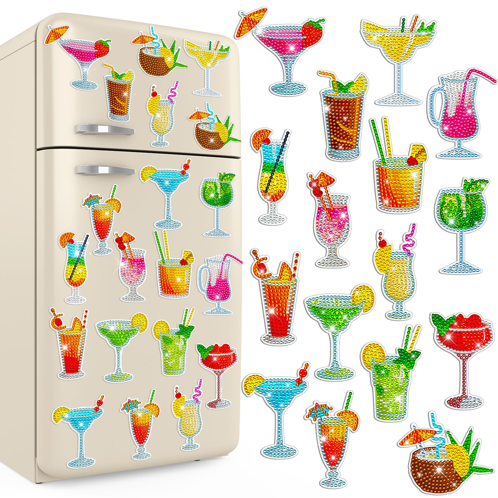 Umigy 16 Pcs Summer Diamond Art Magnets Cocktail Diamond Painting Magnet Kits for Refrigerator Rhinestone Magnetic Drinks Stickers Decals for Adults