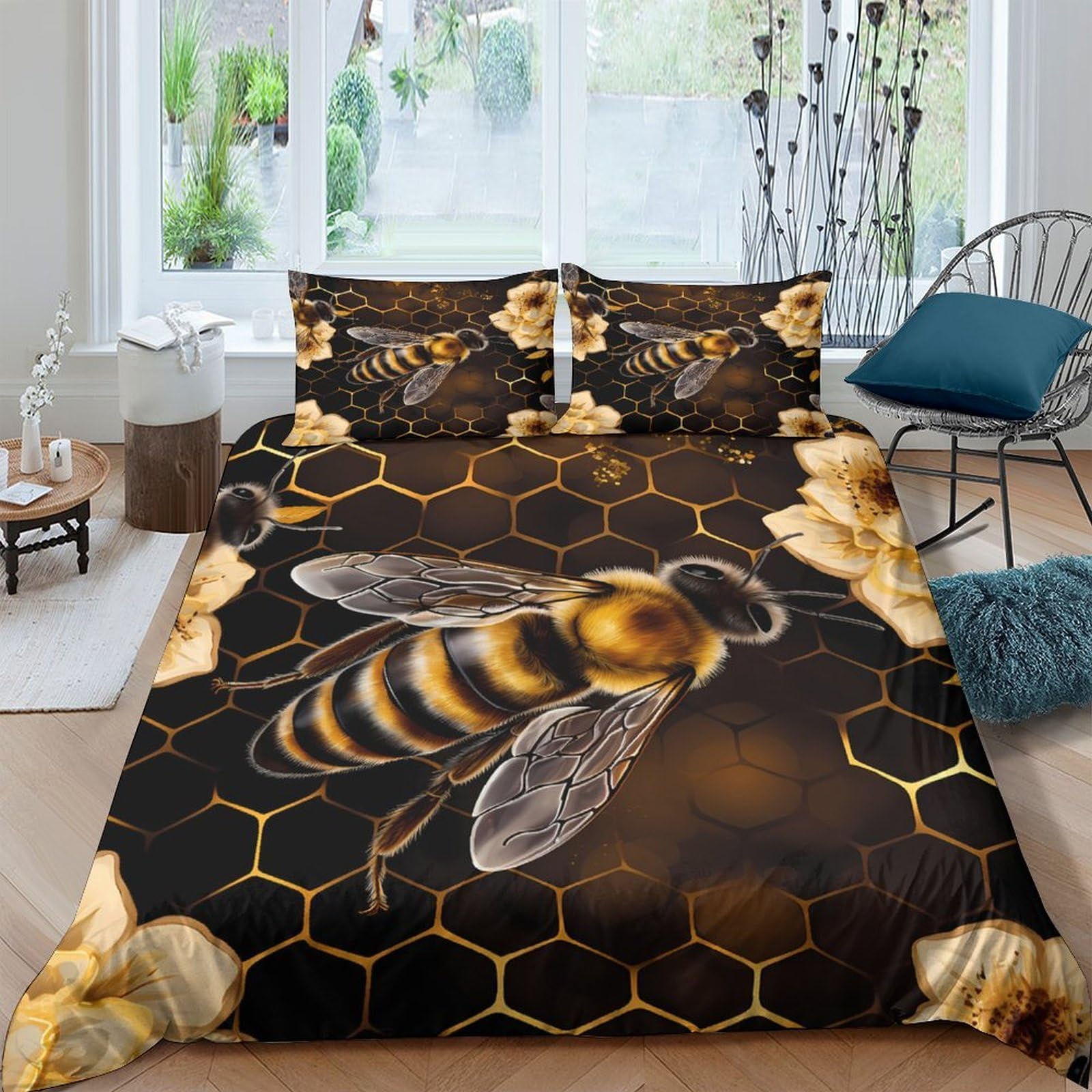 Ctjqhvkz Style-6 3D Printed Honeycomb Bee Fitted Sheet Microfiber Soft Non-Slip Bed Cover Bedroom Decor Protector Single（135X200cm）