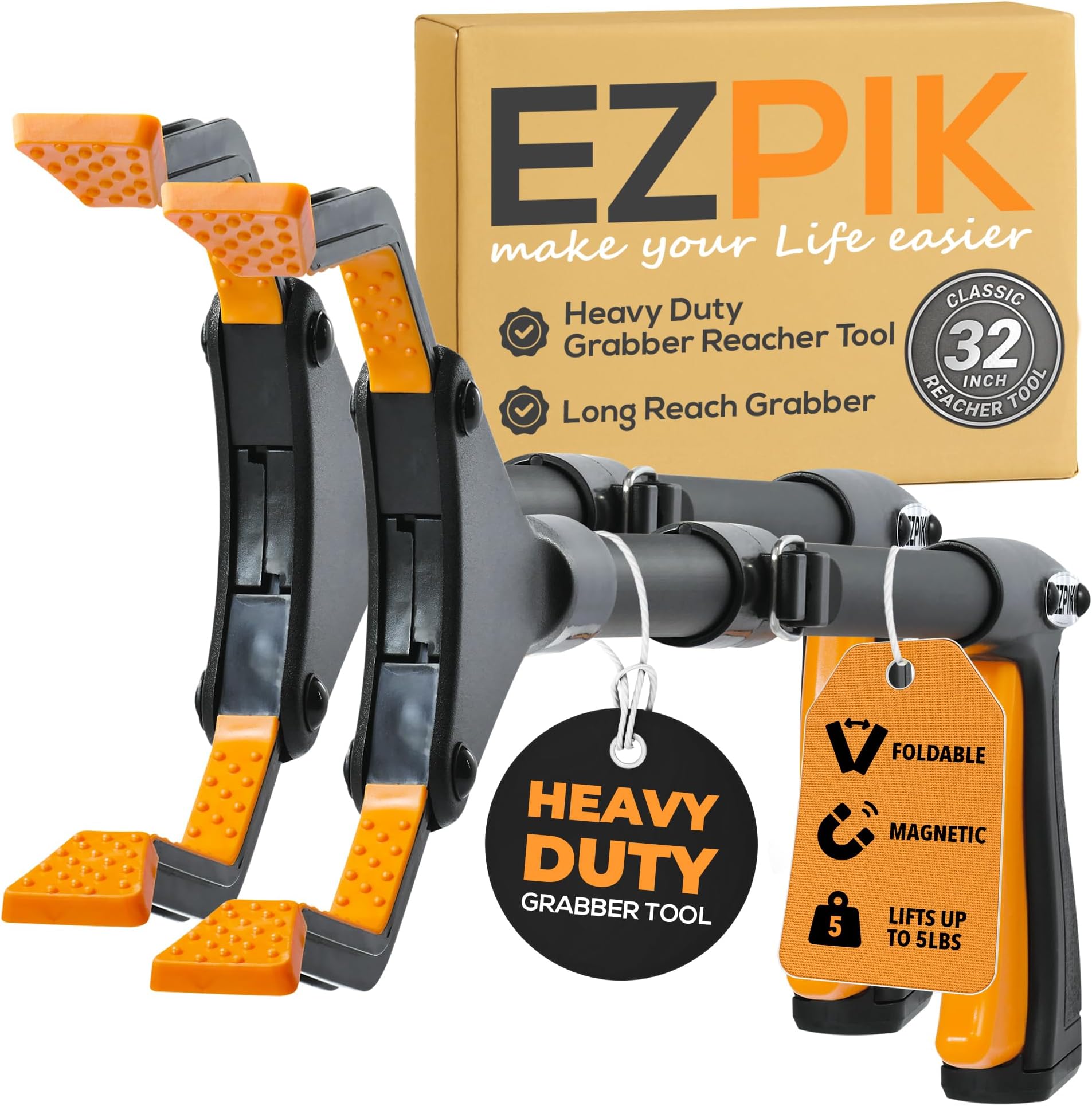 2 x EZPIK® 32" Folding Reacher Grabber Pickup Tool - Grabbers for Elderly Grab It Reaching Tool Heavy Duty - Standard Size Trash Picker Upper Tool - Grabber Tool Reacher Tool Heavy Duty (2 Pack)