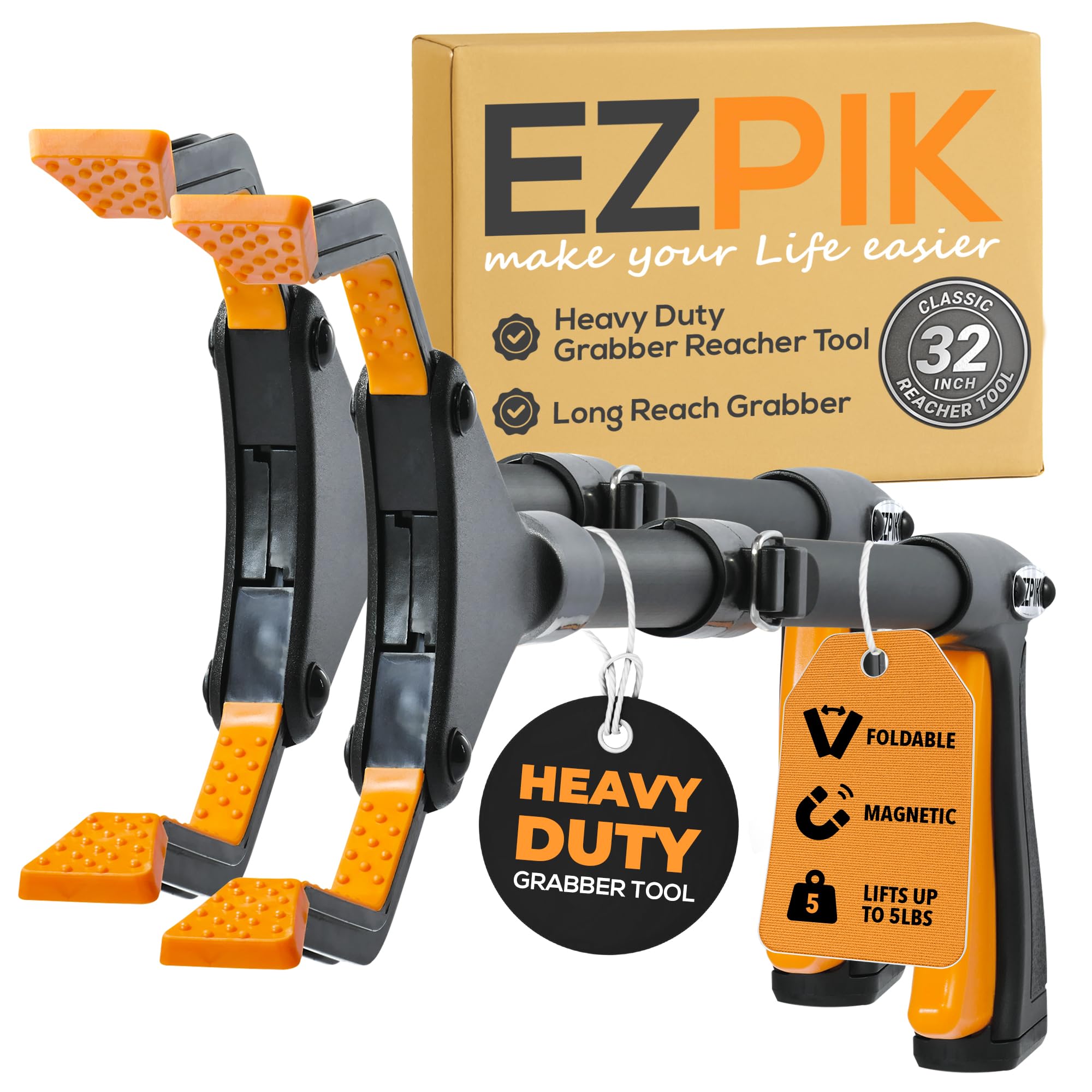 EZPIK Classic 32" Flexible Folding Grabber Tool for Elderly + Magnets, Reacher for Disabled & Seniors Heavy Duty Rotating Grippers for Reaching Underneath, Trash Grabbers & Pickers for Mobility 2-Pack