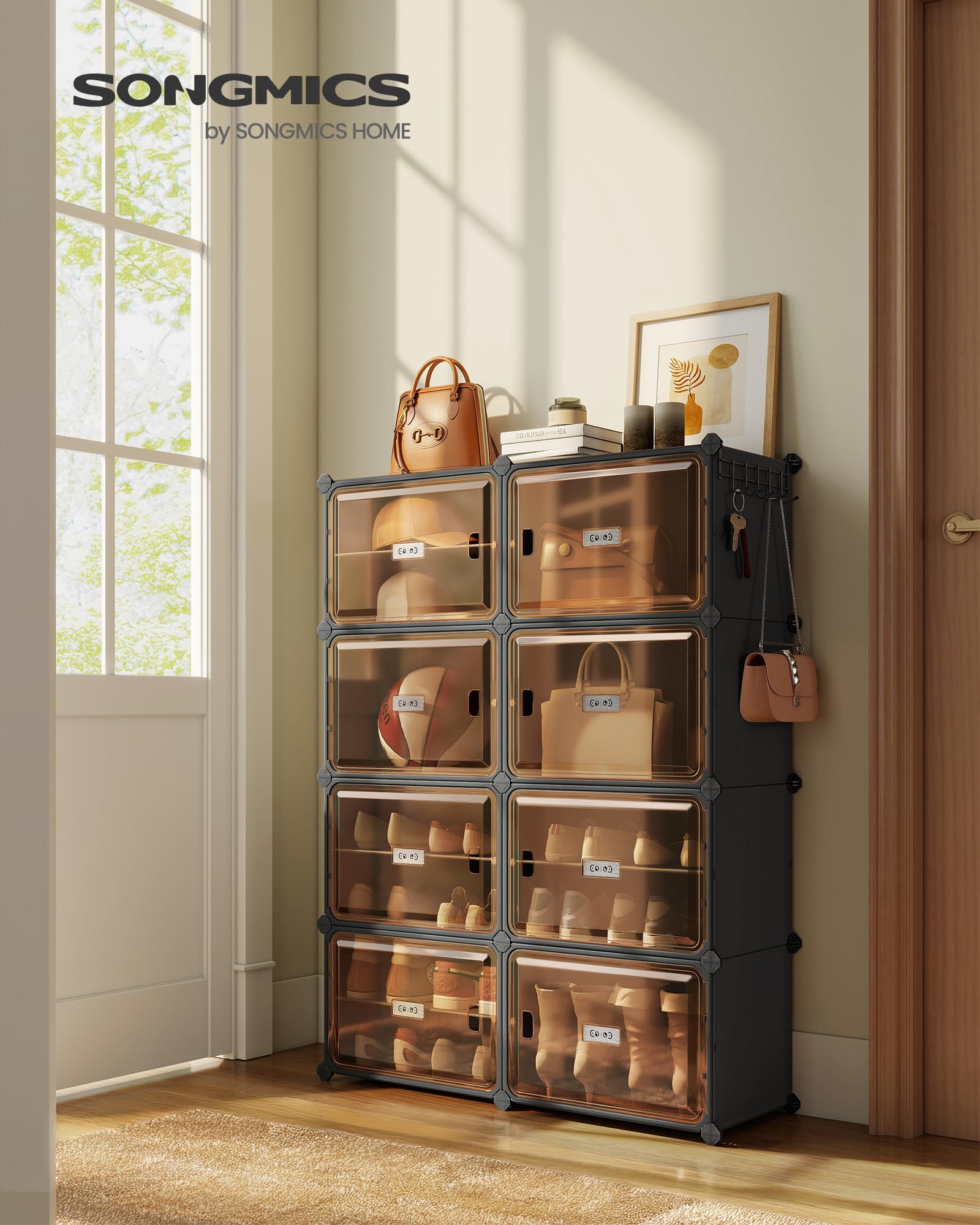 SONGMICS Scarpiera 8 Scomparti, Scarpiera Componibile Ingresso, 30 x 45 x 30 cm per Scomparto, Ante Trasparenti, Metallo, 32 Paia, Camera da letto, Nero Inchiostro e Marrone Trasparente LPC054BH01