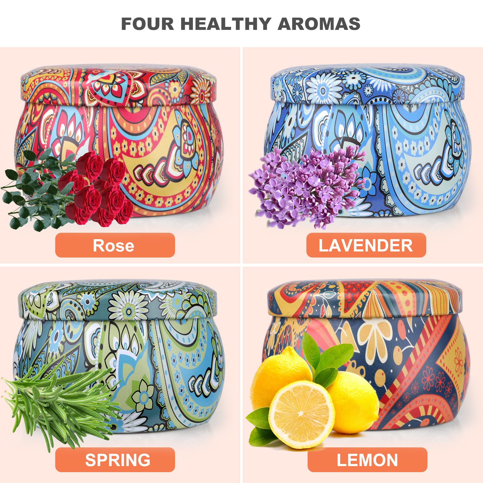 Candele Profumate In Latta 4 Pezzi - Cera Di Soia Con Aromi Lavanda, Rosa, Limone, Primavera | 500g Per Aromaterapia - Foto 10