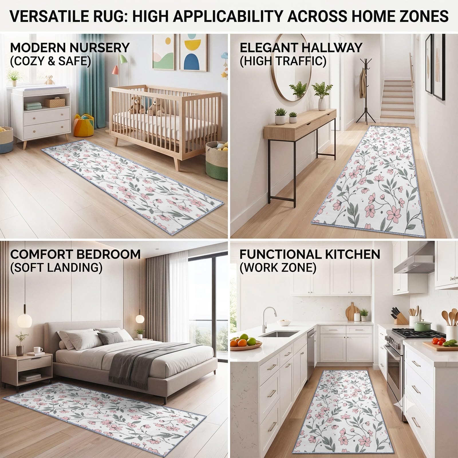 Acquarelle Florale Nordic - Tappeto da corridoio antiscivolo, 80 x 180 cm
