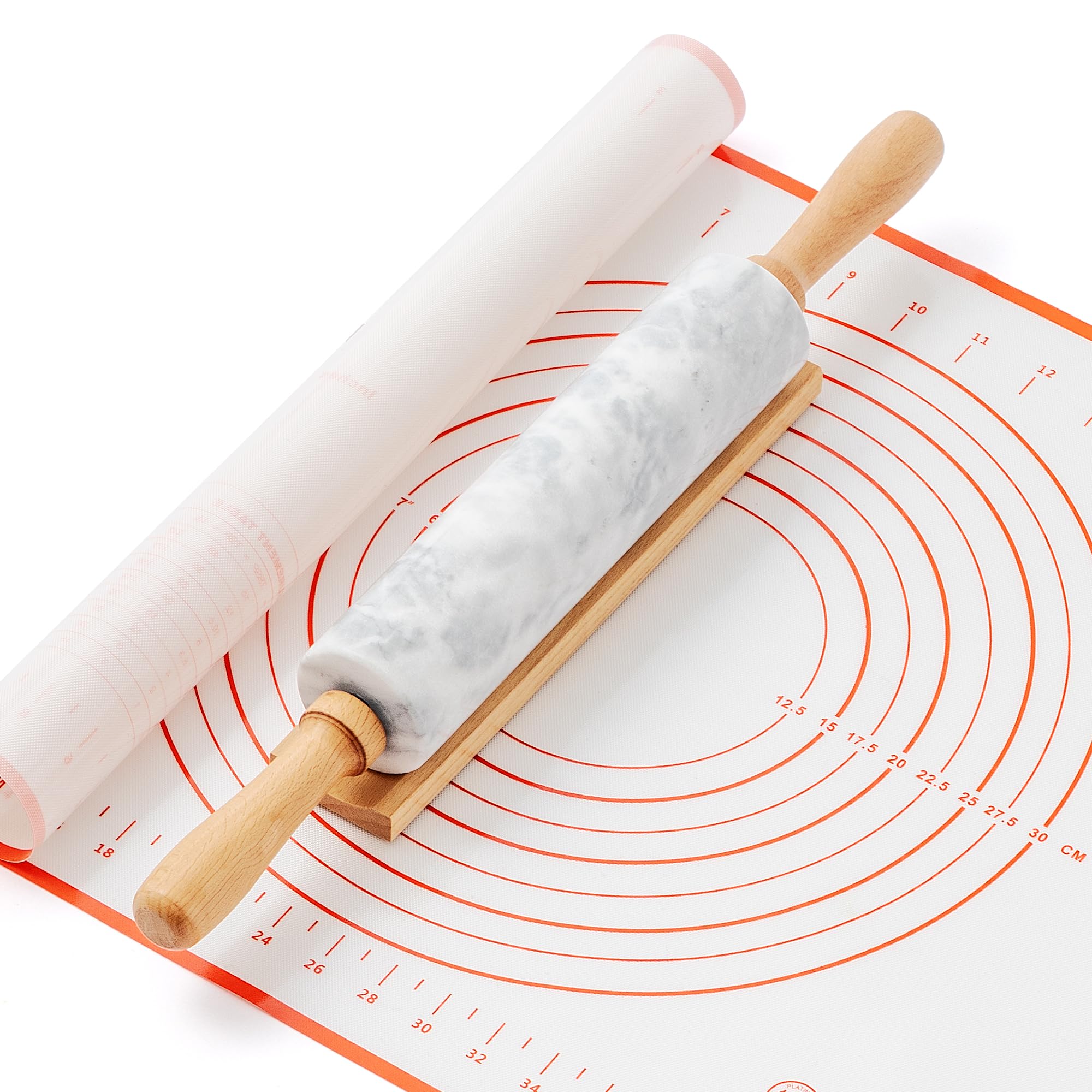 Mattarello in marmo con tappetino in silicone antiaderente e base in legno, rullo per pasta pesante da 42 cm, per crosta di pizza, biscotti, pasta, fondente, pasticceria, superficie lucida