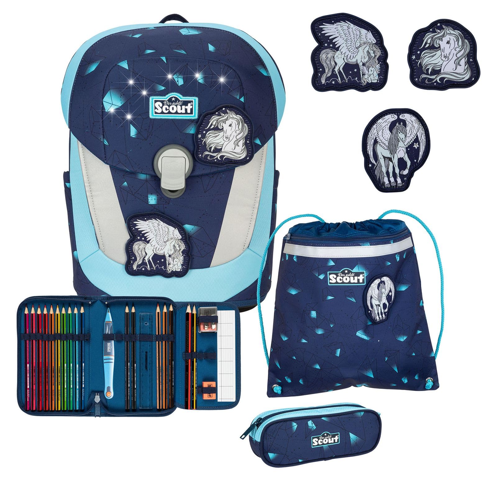 SCOUT Schulranzen LED Sunny II Set 5-teilig Pegasus dunkelblau