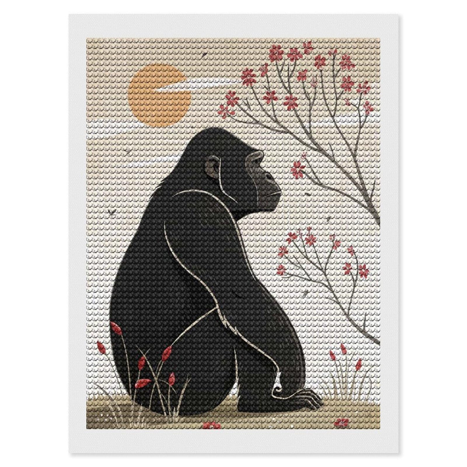 Junmoney Gorilla Sitting Under Cherry Blossoms Diamond Art Kit 12"x16", Creative Leisure Activity, Complete Accessories, Vintage Style Decor, for Women