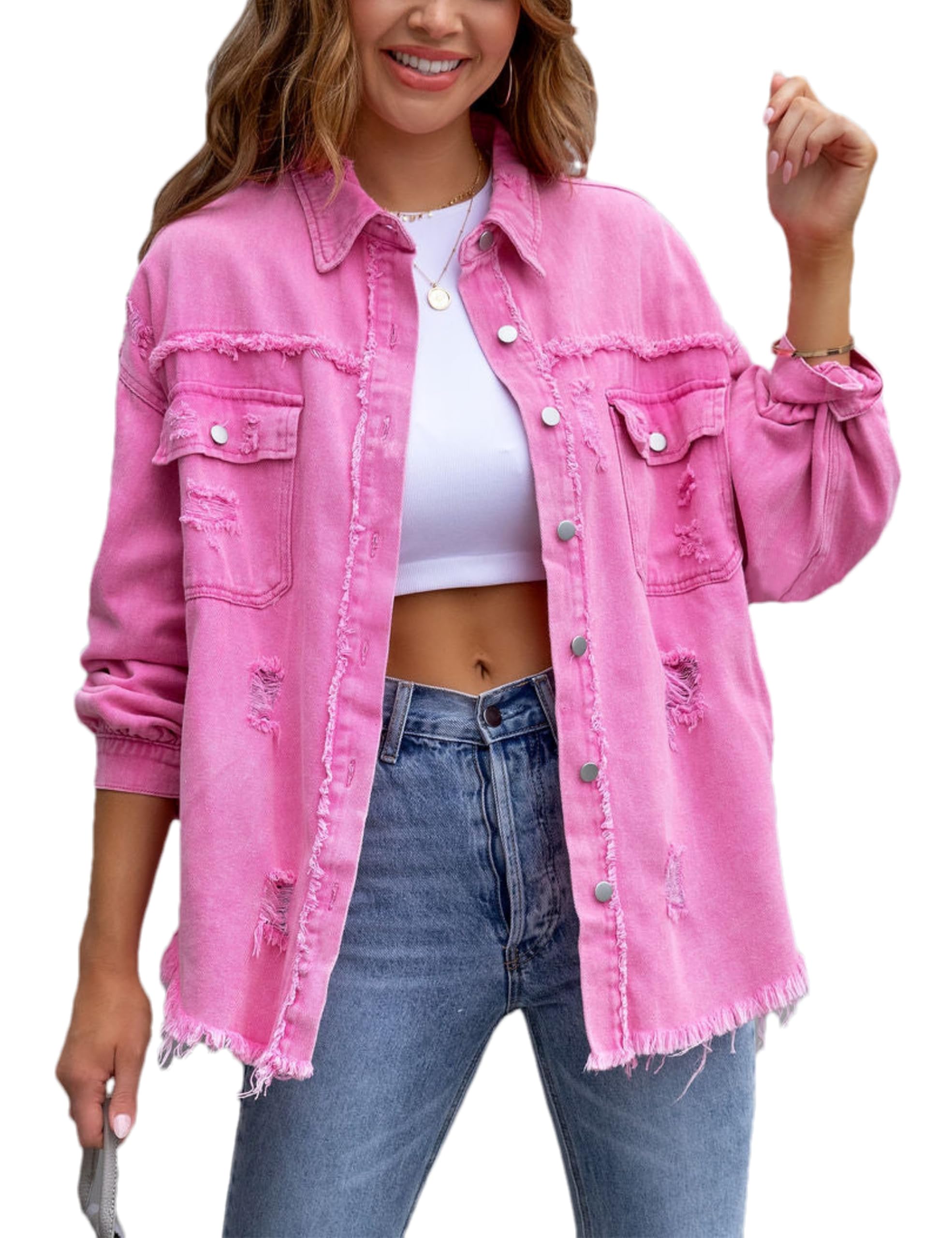 Oulivey Womens Ripped Distressed Denim Jacket Tops Oversized Casual Long Sleeve Basic Jean Jacket Coats