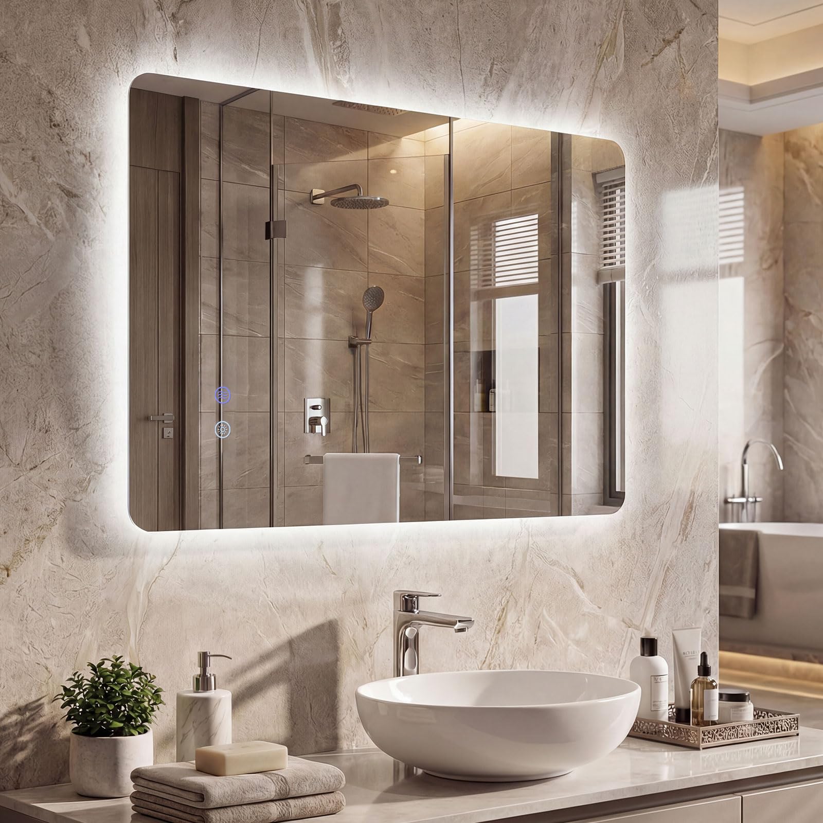 COSTWAY Specchio da Bagno Rettangolare con LED, Specchio da Parete con Luminosità Regolabile, Retroilluminato, Touch Intelligente, Vetro Temperato con Memoria e Anti-Appannamento (70 x 50 x 2,8 cm)
