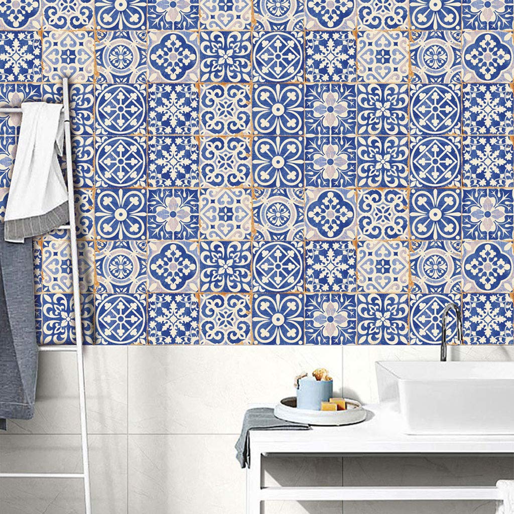 24 pz Blu e Bianco Piastrelle di Porcellana Adesivo Peel Stick Pavimento Stickers Murali Backsplash Impermeabile Fai da Te Autoadesivo Cucina Bagno Decorazione 20x20 cm