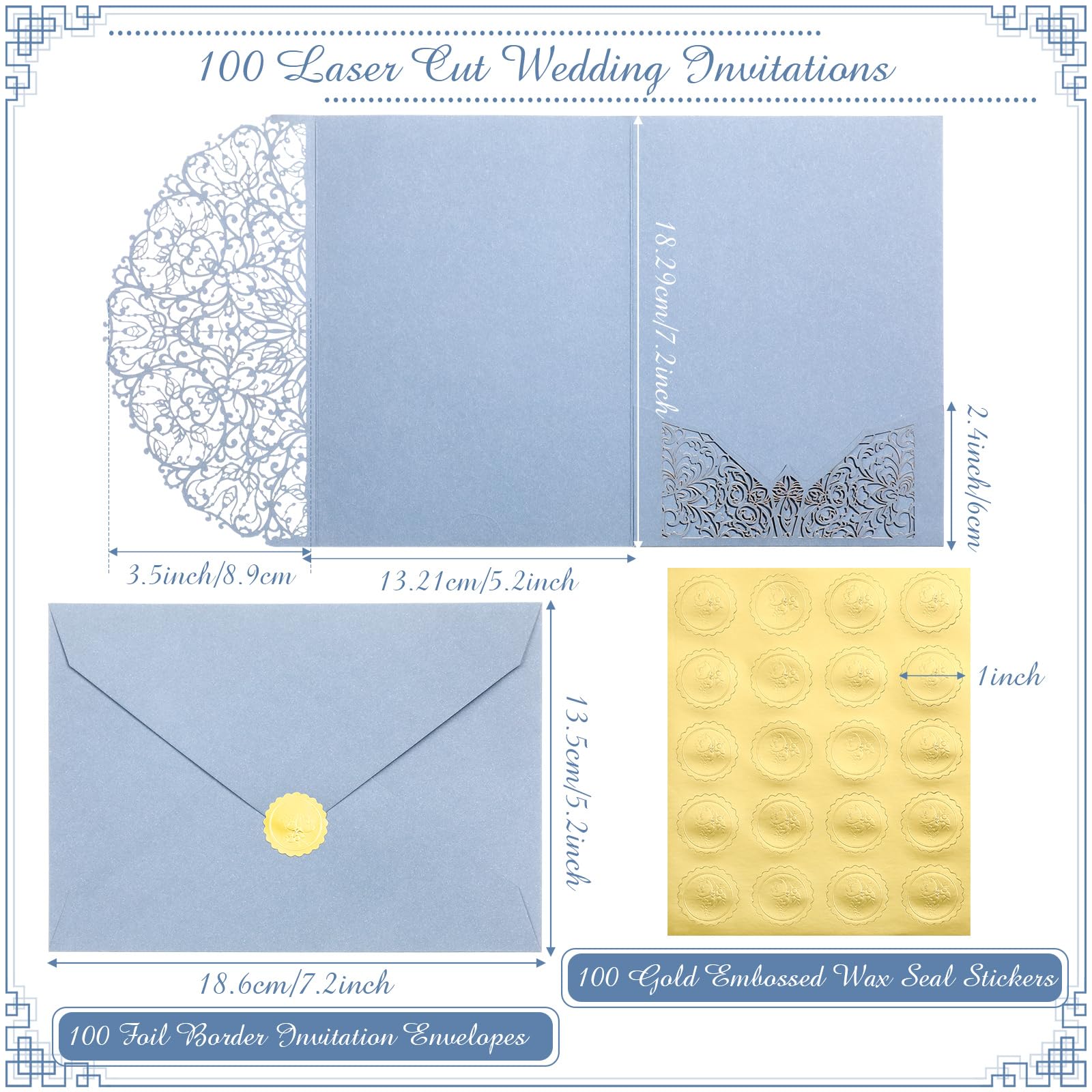 PerKoop Set di 100 inviti di nozze tagliati al laser con buste e adesivi sigillati in cera, tascabili, biglietti di invito per matrimonio, matrimonio, addio al nubilato, fidanzamento, invito (blu
