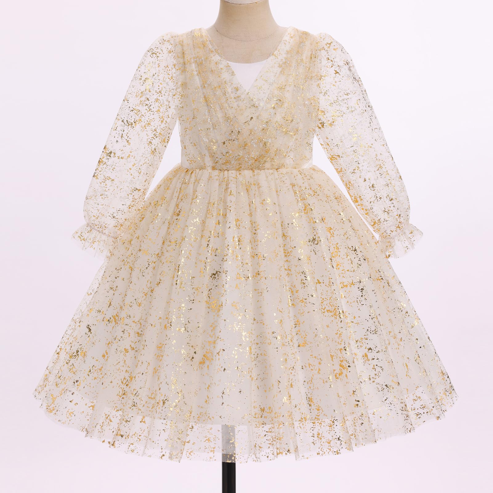 IMEKIS Kleinkind Kinder Mädchen Tüllkleid Blumenstickerei glitzernd Hochzeit Party Langarm Herbst Fotoshootings Outfit 2-8T