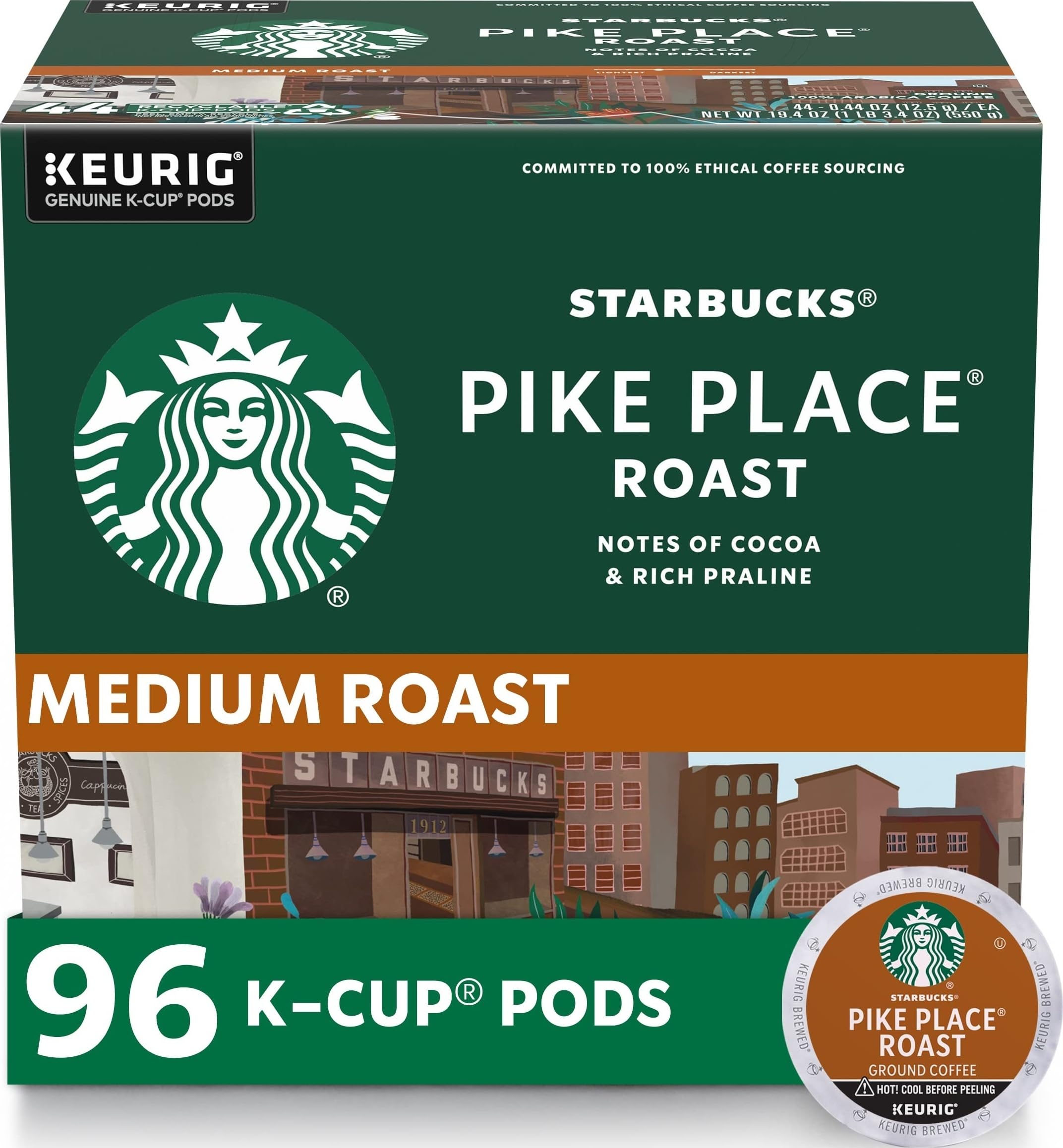K-Cup Coffee Pods, Medium Roast Hot or Iced Coffee, Pike Place Roast, 96 Keurig Pods 