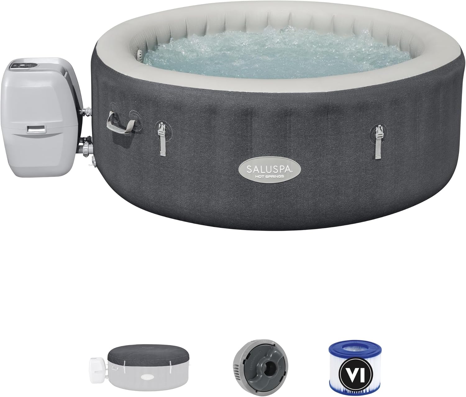 Bestway SaluSpa Hot Springs Inflatable Hot Tub, 2-4 Adults, 120 AirJets, EnergySense Walls & Cover, Spa Control Panel, MaxHold Construction, Stone Grey Knit, 71″ x 26″ Round
