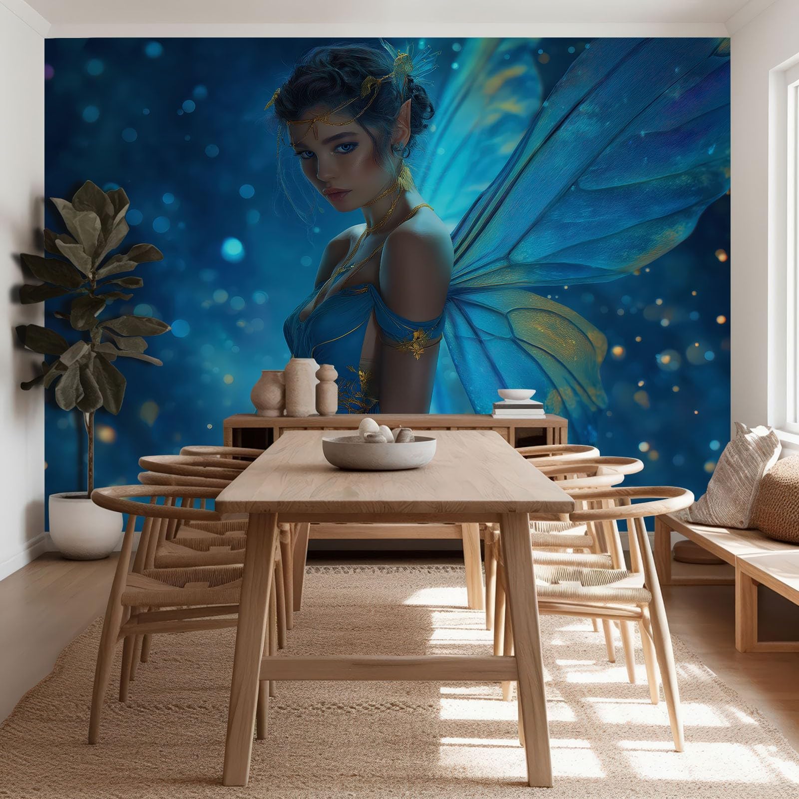 Genérico Fototapeta Fantasy Las Elegancka Wróżka 250 x 175 cm Wełna Tapeta XXL Fototapety Włóknina Dekoracja ścienna Salon Sypialnia Biuro Salon Niebieski