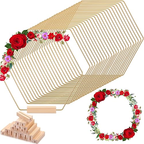 Geosar 24 piezas de centro de mesa de aro hexagonal de 9 pulgadas con soporte, corona floral, centro de mesa, anillos de metal para manualidades con