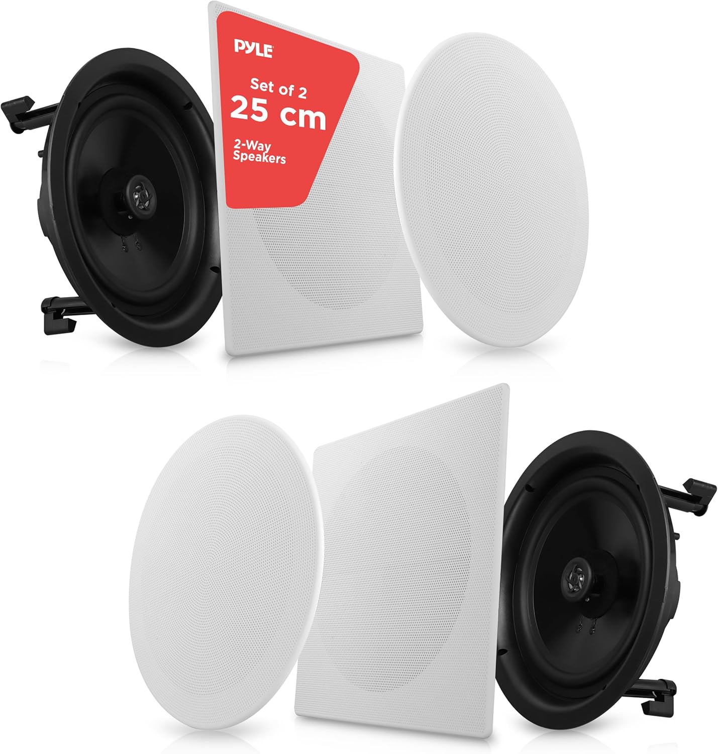 Pyle Pair 10” Flush Mount in-Wall in-Ceiling 2-Way Speaker System Spring Loaded Quick Connections Changeable Round/Square Grill Stereo Sound Polypropylene Cone Polymer Tweeter 300 Watts