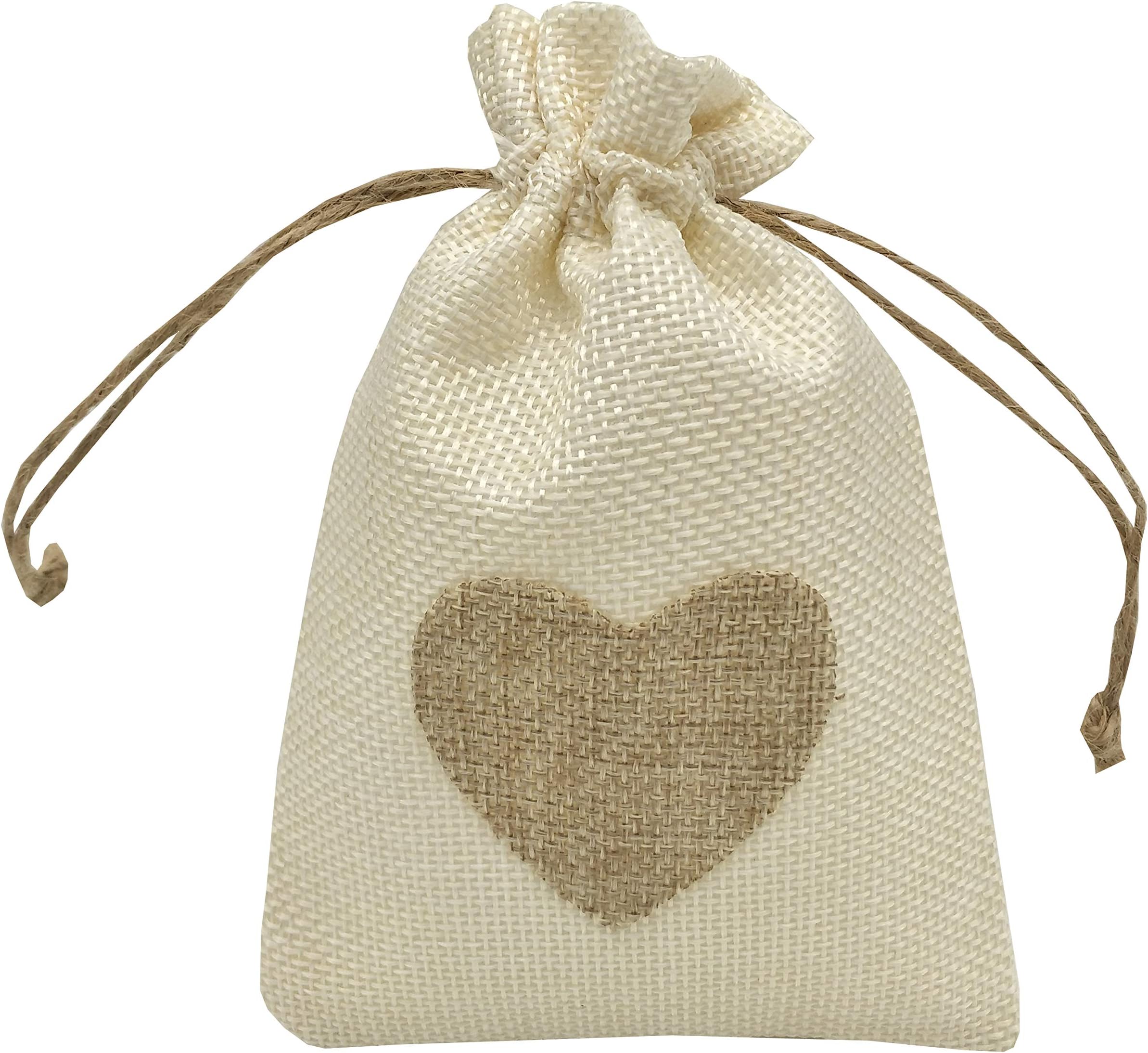 Sanrich 20 Pack Linen Burlap Bags 4" X 6" with Drawstring for Gift Bags Wedding Party Favors Jewelry Pouch Gift Sachets Favors (White Heart)