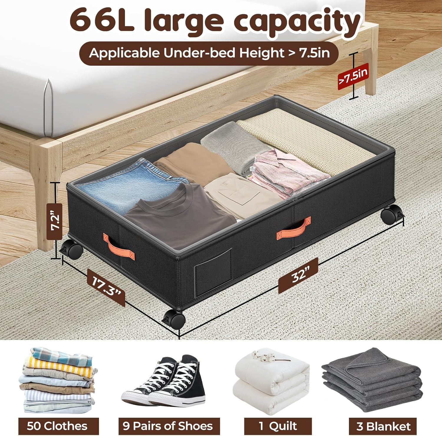 Under Bed Storage with Wheels 2-Pack, Under Bed Storage Containers 66L Clear Lids, Rolling Storage Drawers for Clothes Shoes Blankets, Underbed Organizer Bins(32" L x 17.3" W x 7.2" H)
