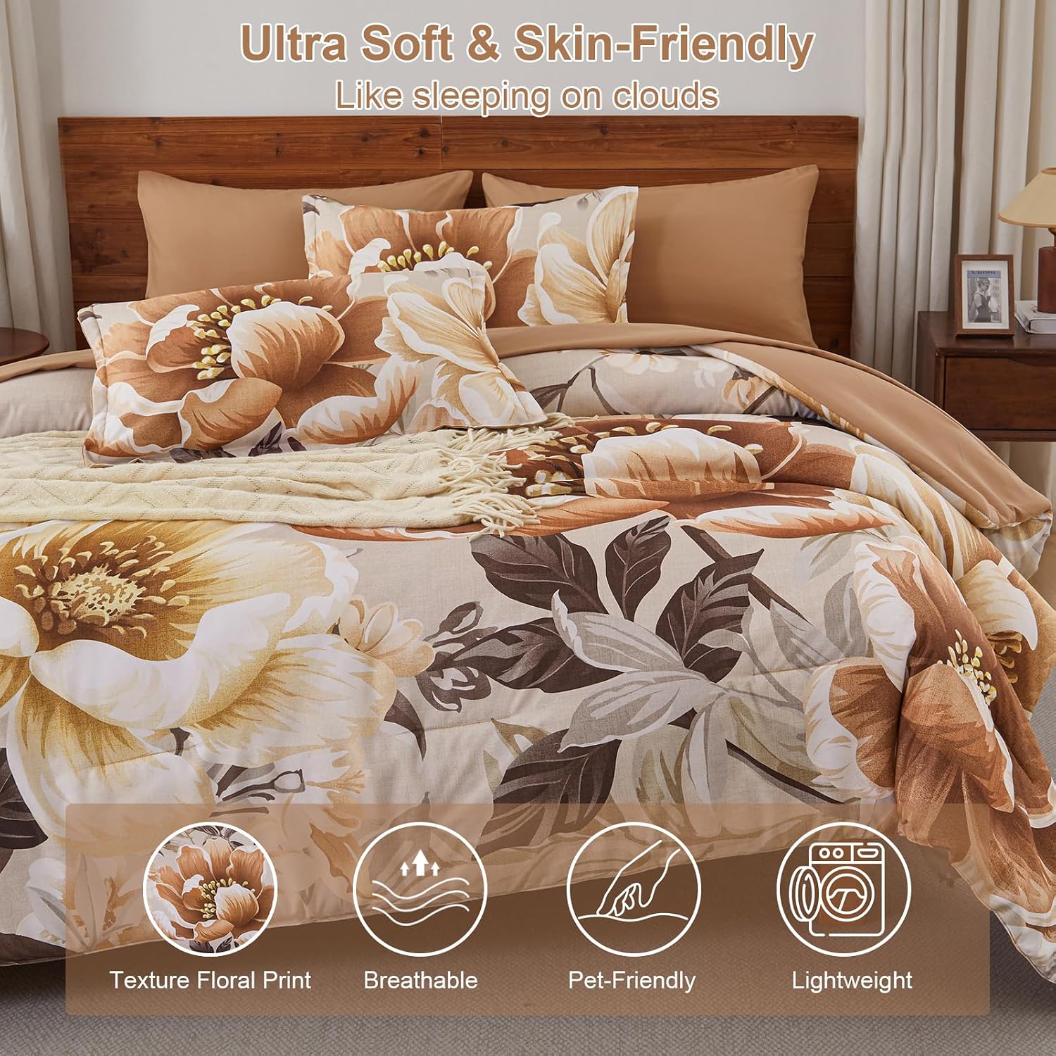 Dintszyayue Brown Comforter Set King Size, Floral 7 Pieces Bed in a Bag Set, Texture Flower Bedding Sets, Soft Microfiber for All Season with Flat Sheet Fitted Sheets Pillowcases and Shams