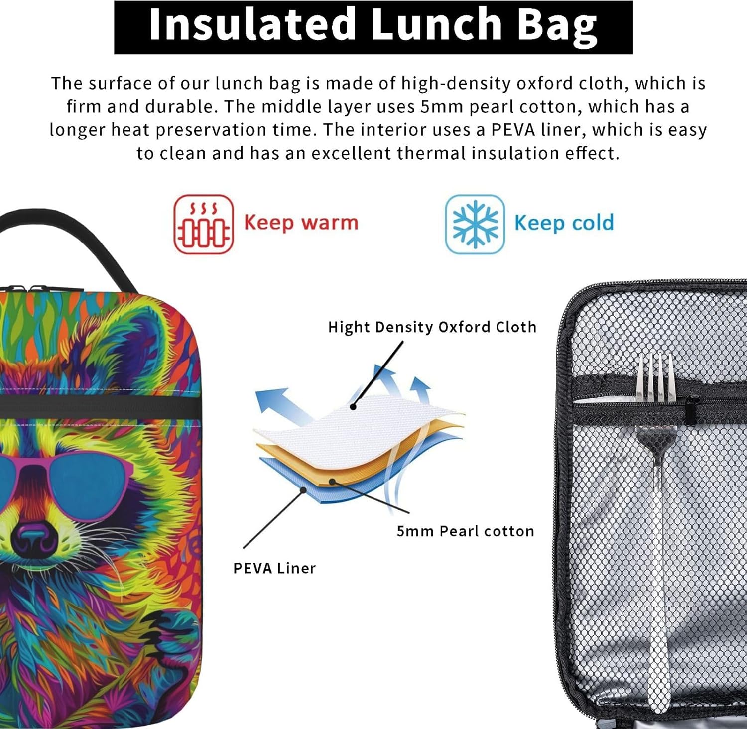 Insulated Lunch Box for Women Men, Colorful Raccoon Lunch Box Reusable Portable Lunch Bag Cooler Tote Waterproof Lunch Container for Office Picnic Work Travel Hiking - Image 5