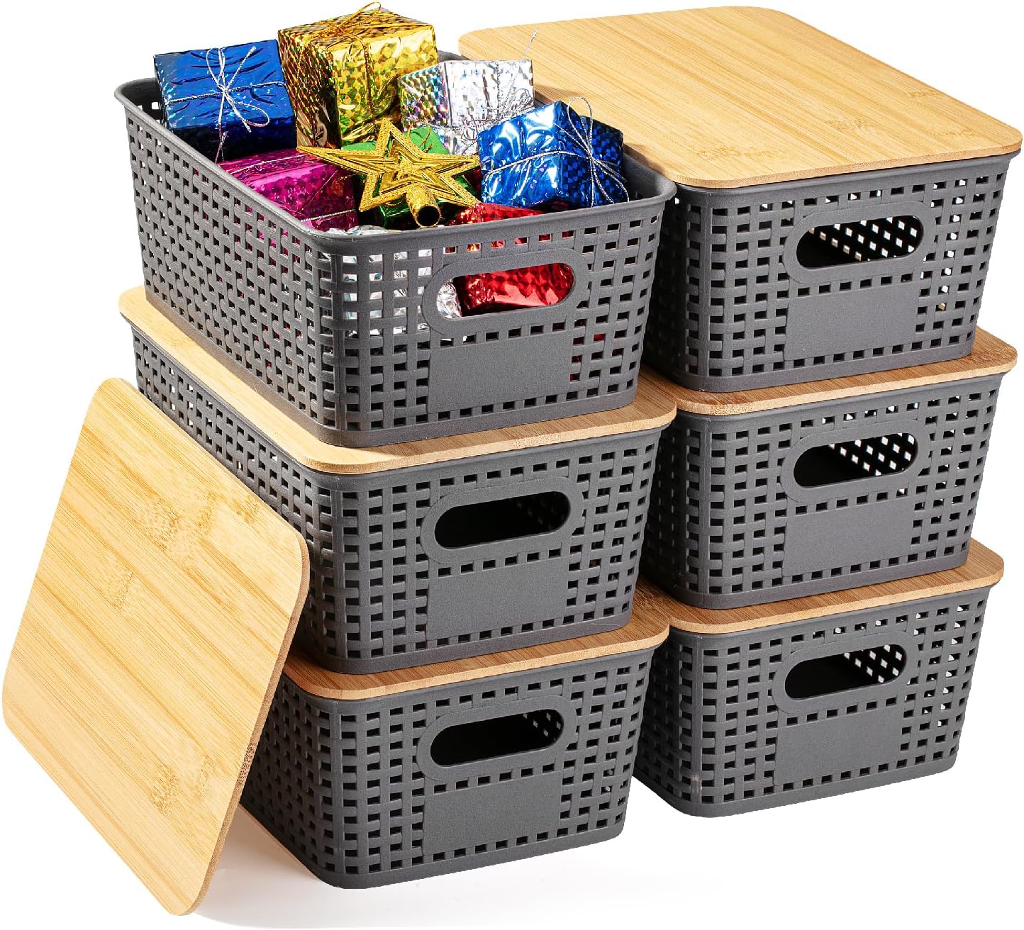 BAMBOO LAND- Plastic Storage Baskets with Bamboo Lid, 6 pcs, Black Small Pantry Storage Baskets with Lids