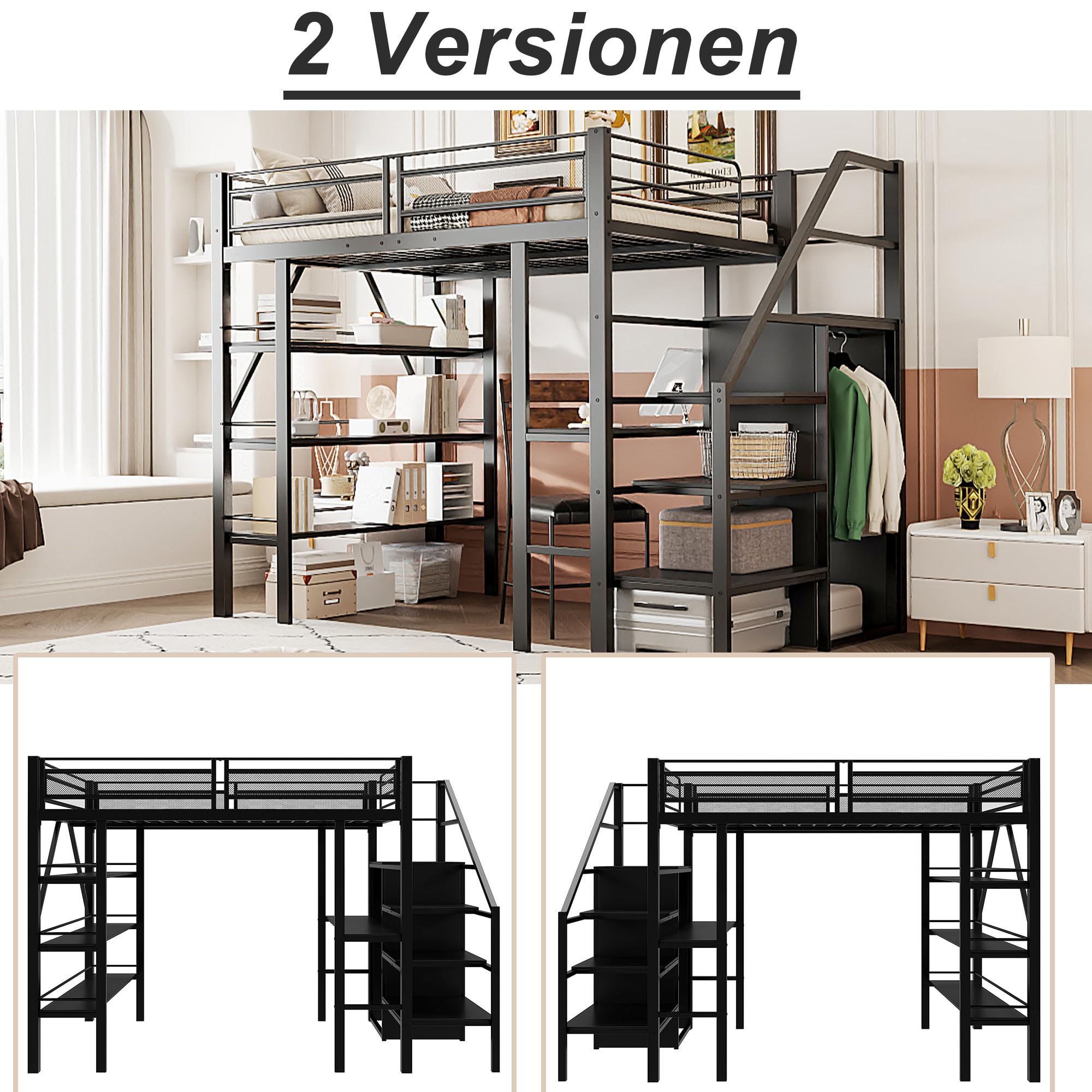 Dolamaní Letto a soppalco in metallo, 140 x 200 cm, per adulti e ragazzi, con mensola, scrivania, vestiti, scale, con vano portaoggetti, design a rete alta, per letto matrimoniale, colore: nero