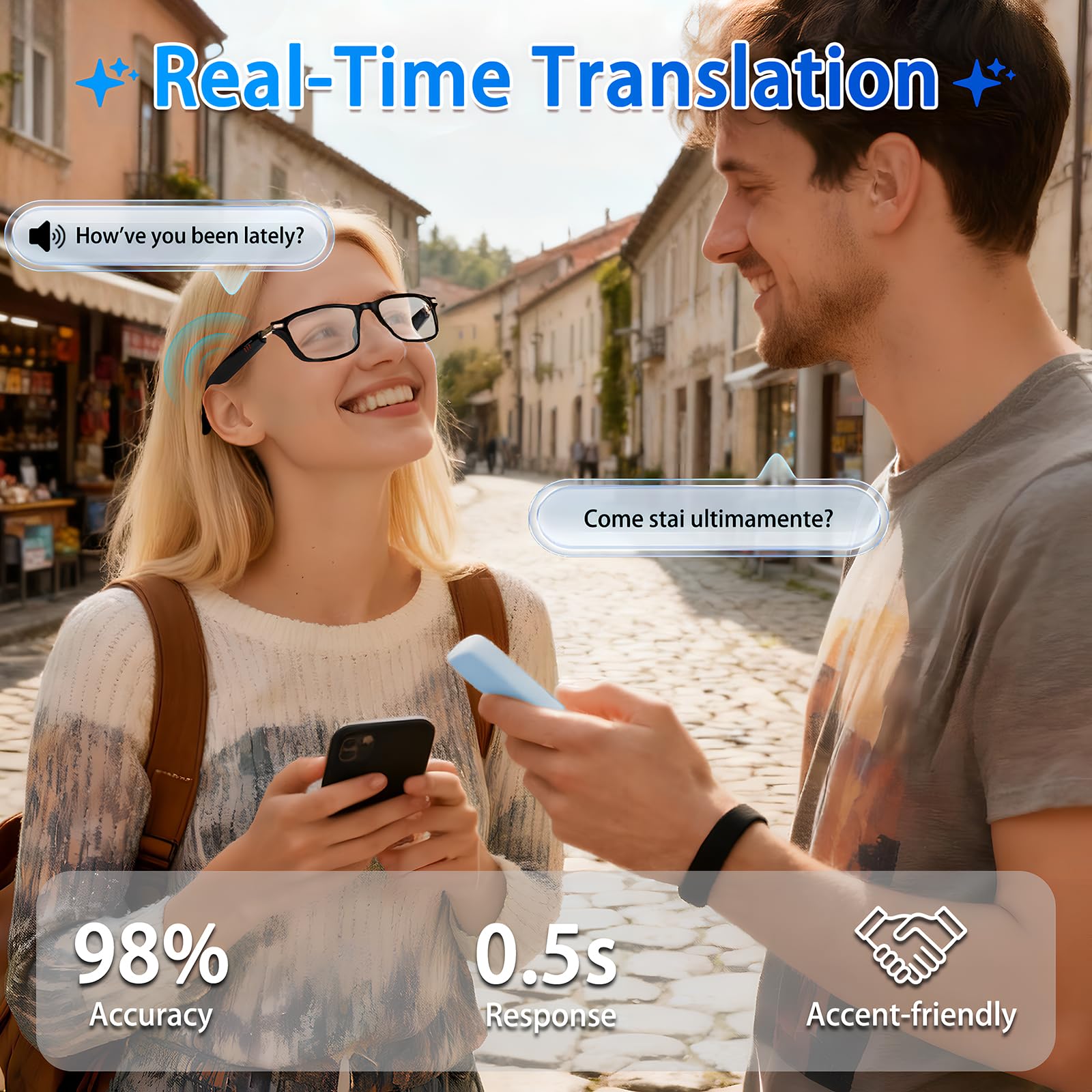 Gafas Inteligentes con Traductor de IA, Lentes Fotocromáticas, Gafas de Sol Polarizadas Bluetooth con Interpretación Simultánea, Audio Claro, con Más de 110 Idiomas para Hombres y Mujeres