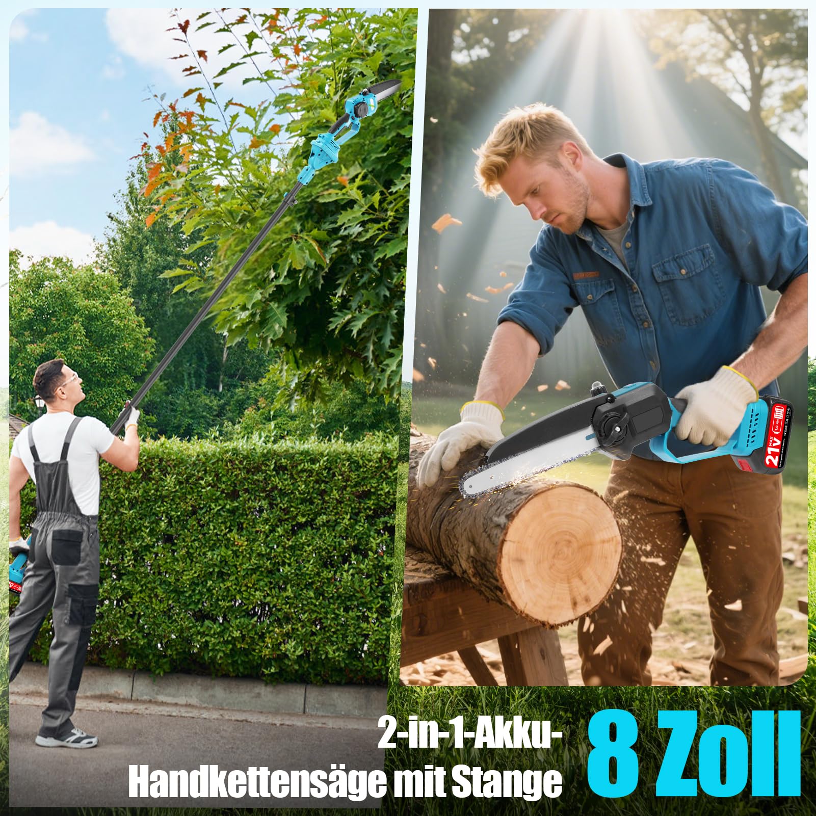 Mini motosierra 2 en 1 de 8 pulgadas con barra telescópica, batería de podadora, motosierra profesional, sierra telescópica con batería de 2 x 3,0 Ah, altura de trabajo de hasta 6,7 pies, para ramas