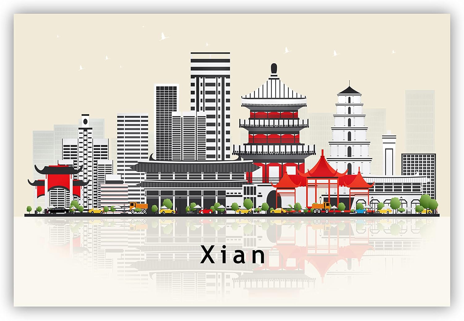 Pera Print Xian Poster, China Illustration Skyline City Poster, Modern Skyline Xian Poster, Cityscape and Landmark Print, Home-Office Wall Art Decoration - 12x18 Inches