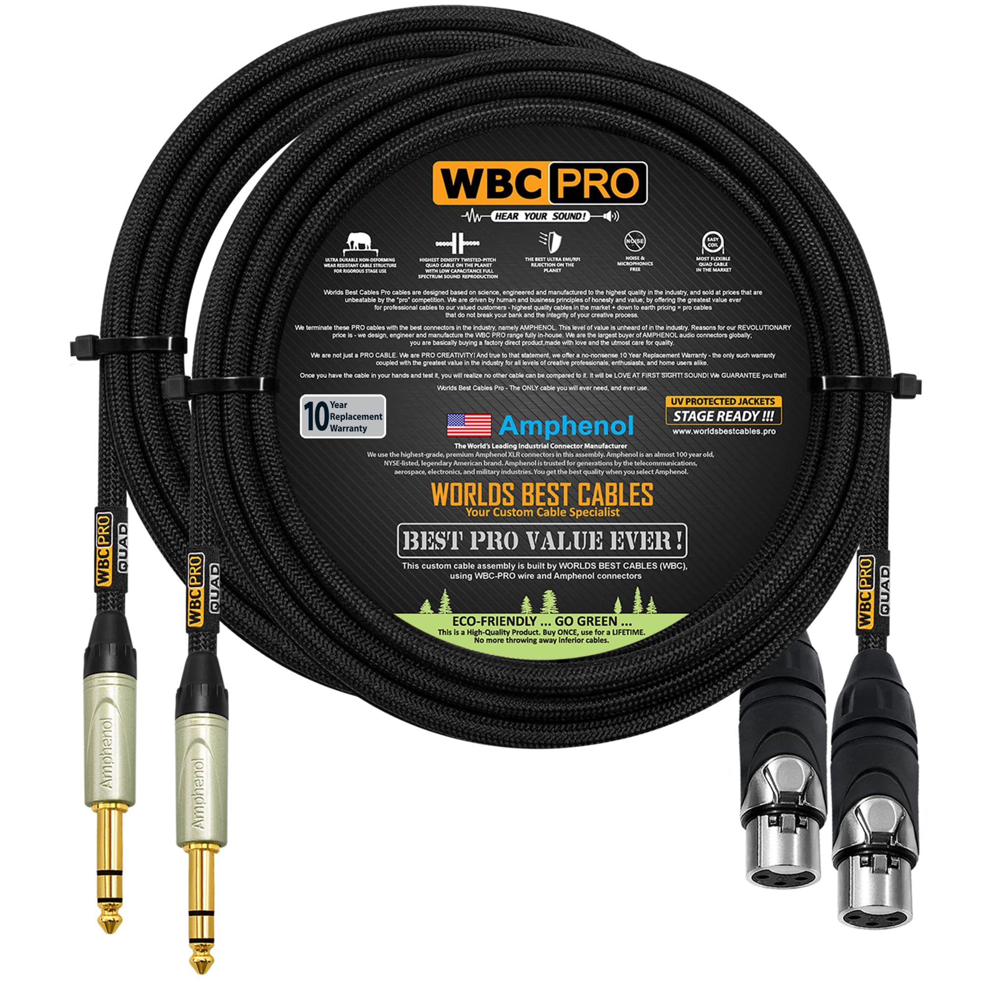 2 unità, cavo da XLR Star-Quad bilanciato Star-Quad da XLR a TRS ultra silenzioso ultra flessibile bilanciato da XLR a TRS con connettori stereo Amphenol AXX3F femmina XLR e QS3P-AU dritti TRS stereo