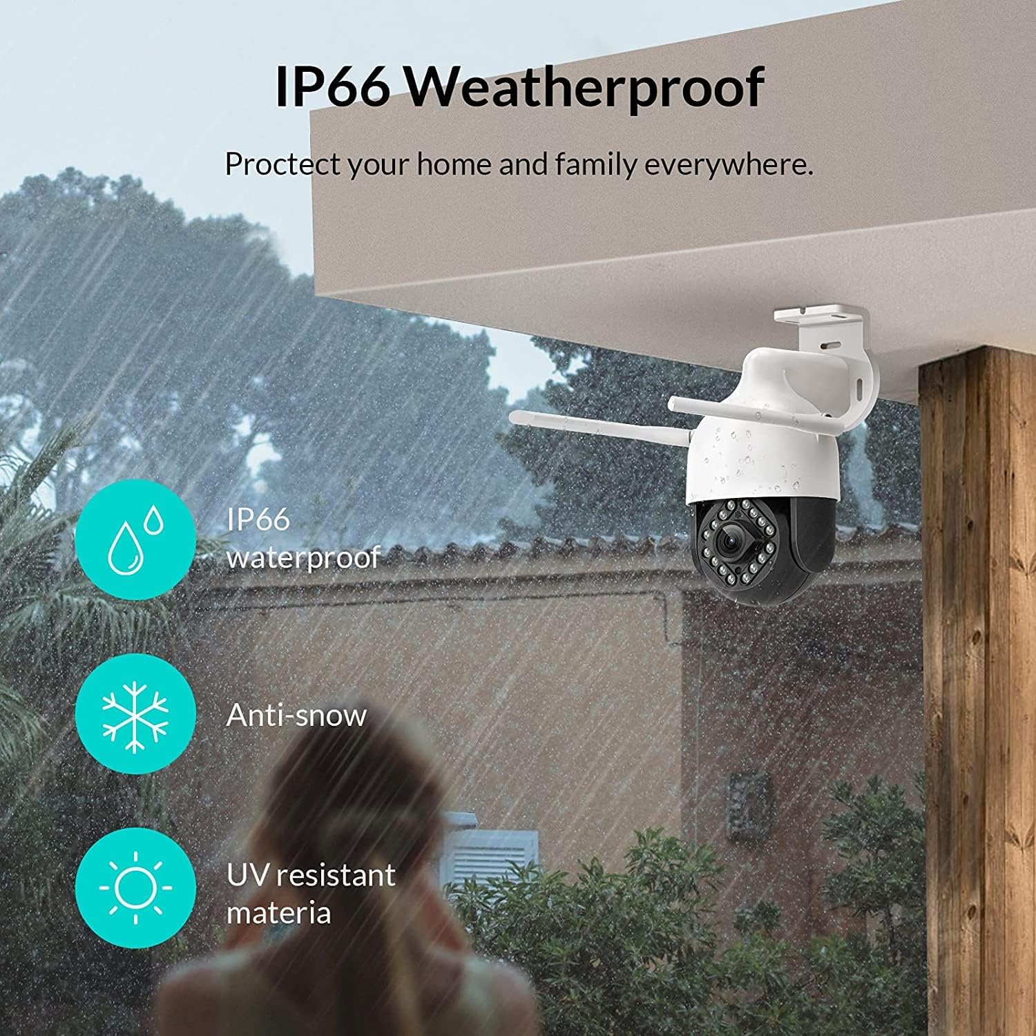 NETVUE Sentry 2 camera mounted outdoors, showing rain and snow resistance, highlighting its IP66 weatherproof rating.