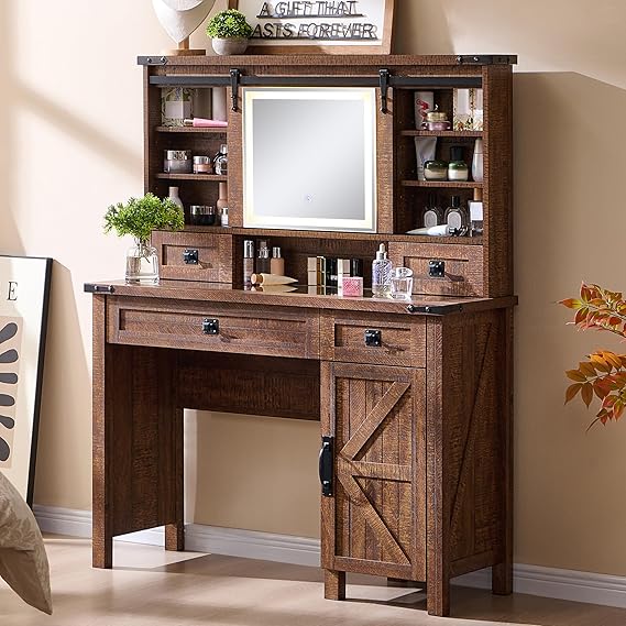 T4TREAM Farmhouse Makeup Vanity Desk with Sliding Mirror and Lights, 42'' Glass Tabletop Vanity Table with 2 Drawers & Shelves, Rustic Large Vanity Set for Bedroom, Reclaimed Barnwood