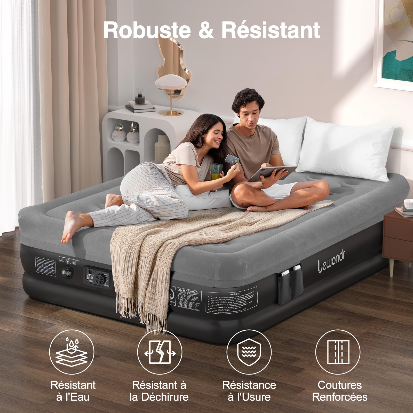 Lewondr Matelas Gonflable 2 Personnes, 203x152x46CM, Gris | Pompe Intégrée, Gonflage Rapide en 3 Minutes, Pour Camping Maison Invités Voyages, 300kg MAX
